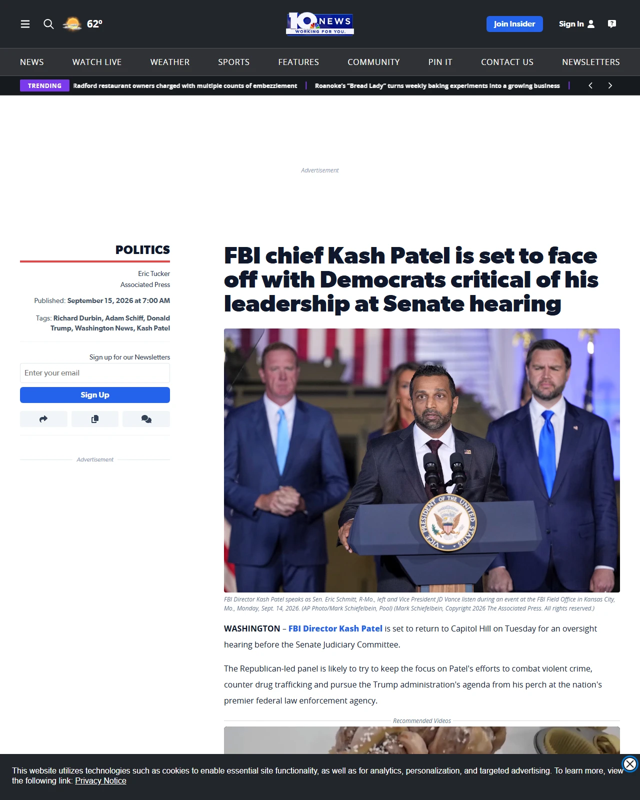 wsls.com as published: FBI chief Kash Patel is set to face off with Democrats critical of his leadership at Senate hearing