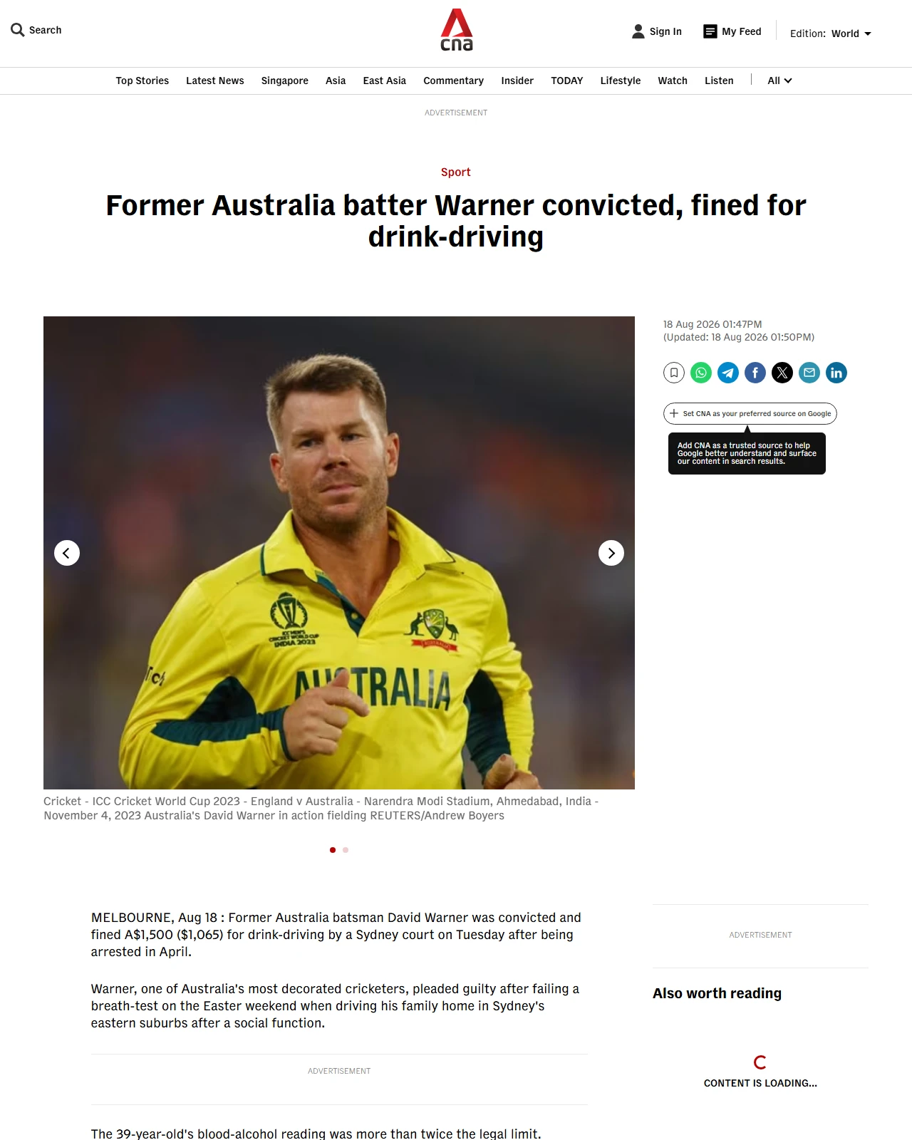 channelnewsasia.com as published: Former Australia batter Warner convicted, fined for drink-driving