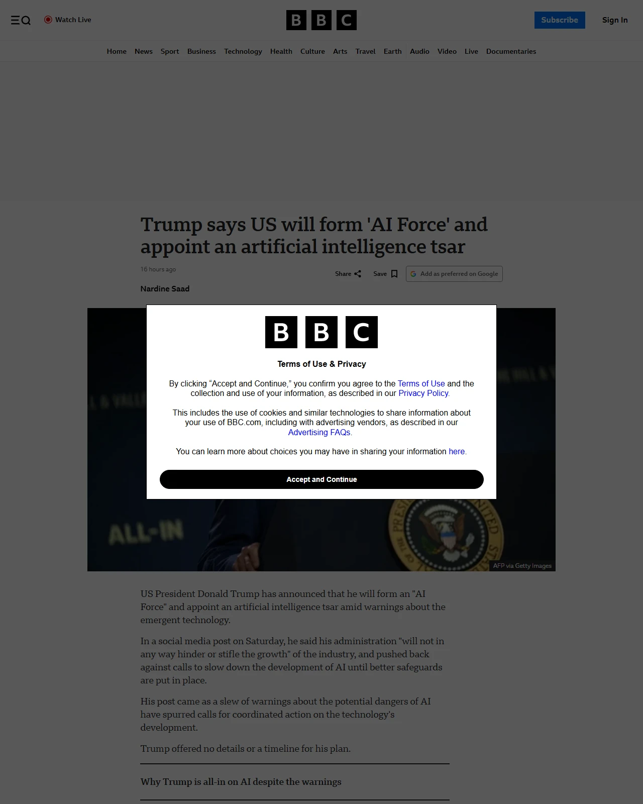 bbc.co.uk as published: Trump says US will form 'AI Force' and appoint an artificial intelligence tsar