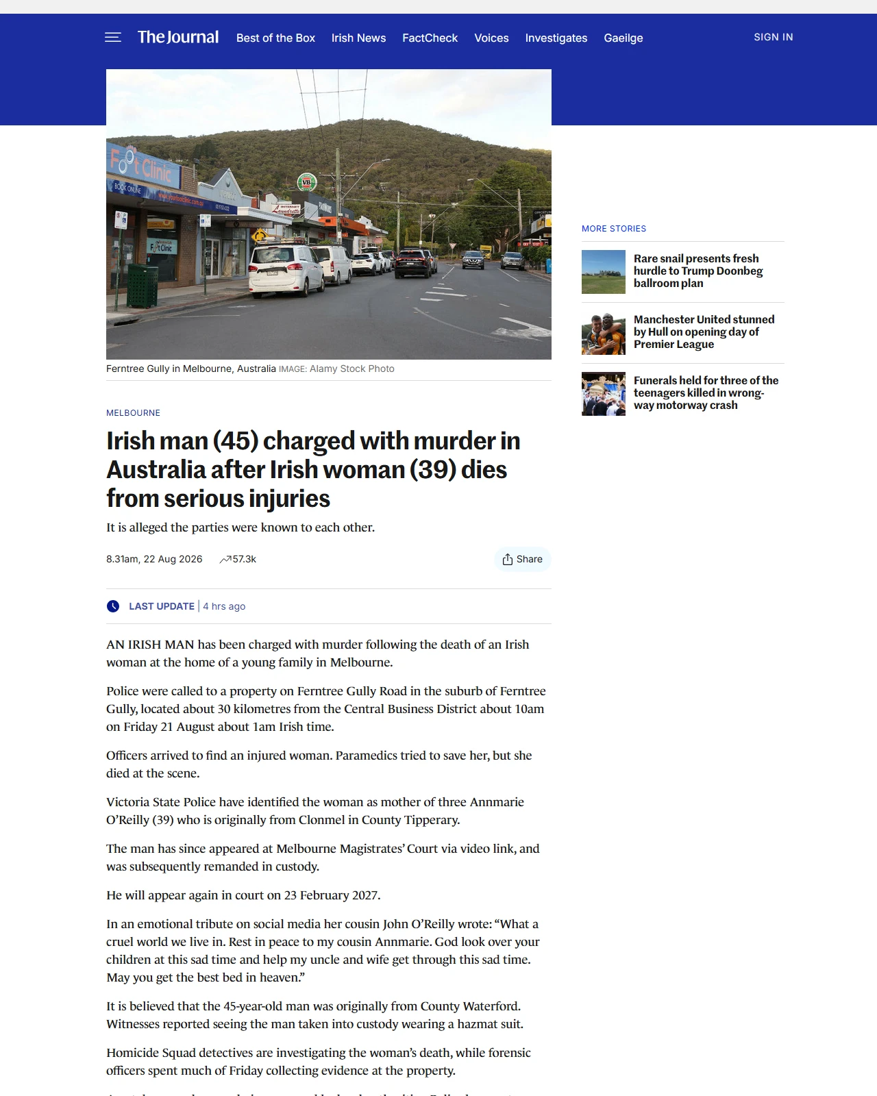 thejournal.ie as published: Irish man (45) charged with murder in Australia after Irish woman (39) dies from serious injuries