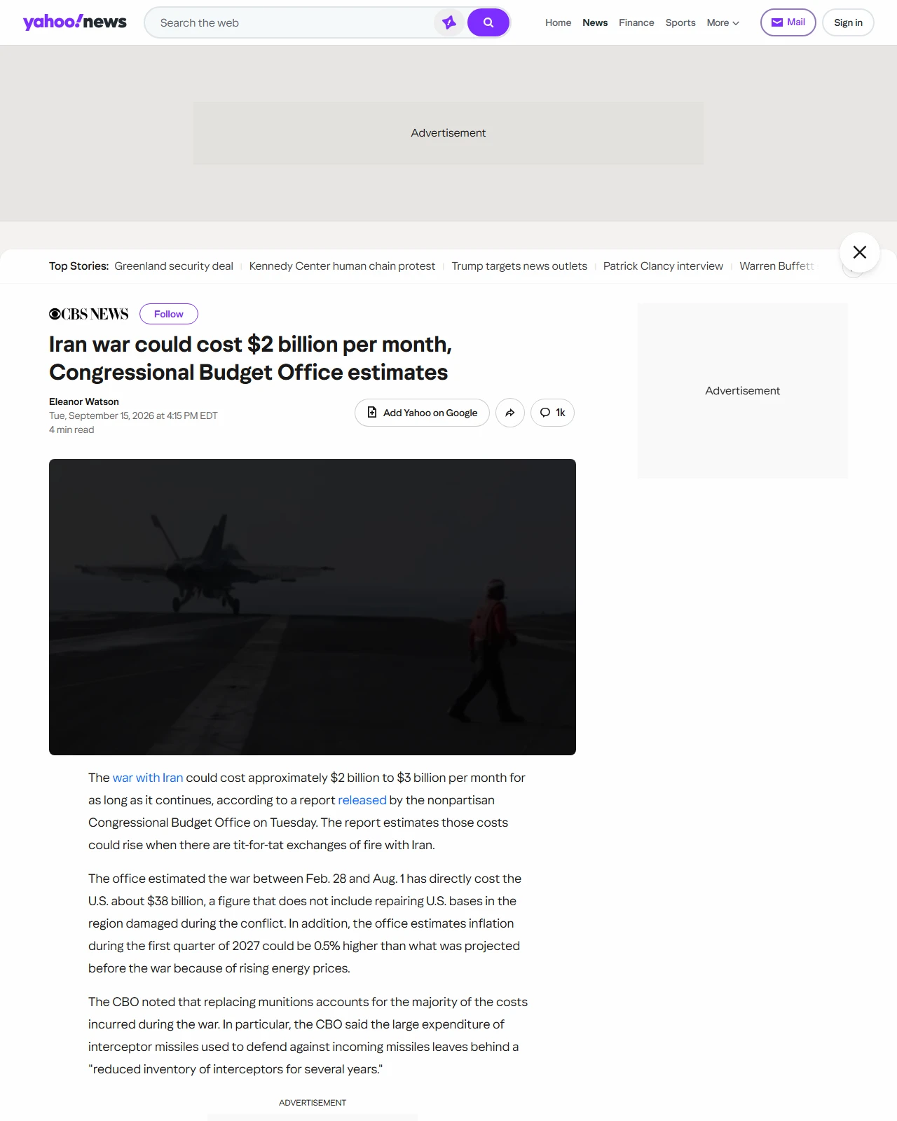 yahoo.com as published: Iran war could cost $2 billion per month, Congressional Budget Office estimates