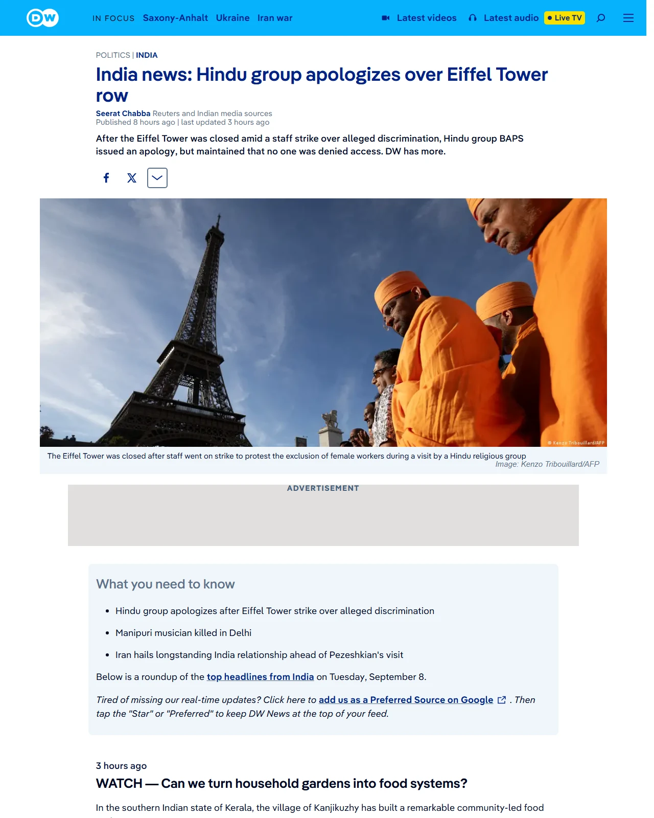 dw.com as published: India news: Hindu group apologizes over Eiffel Tower row