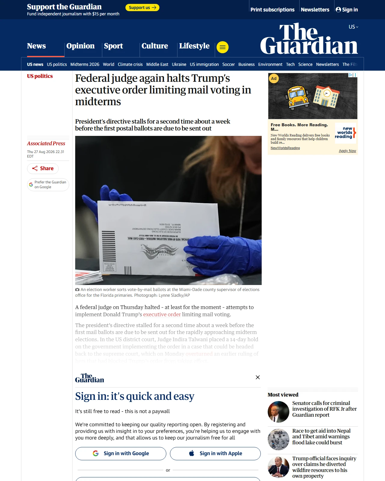 theguardian.com as published: Federal judge again halts Trump’s executive order limiting mail voting in midterms