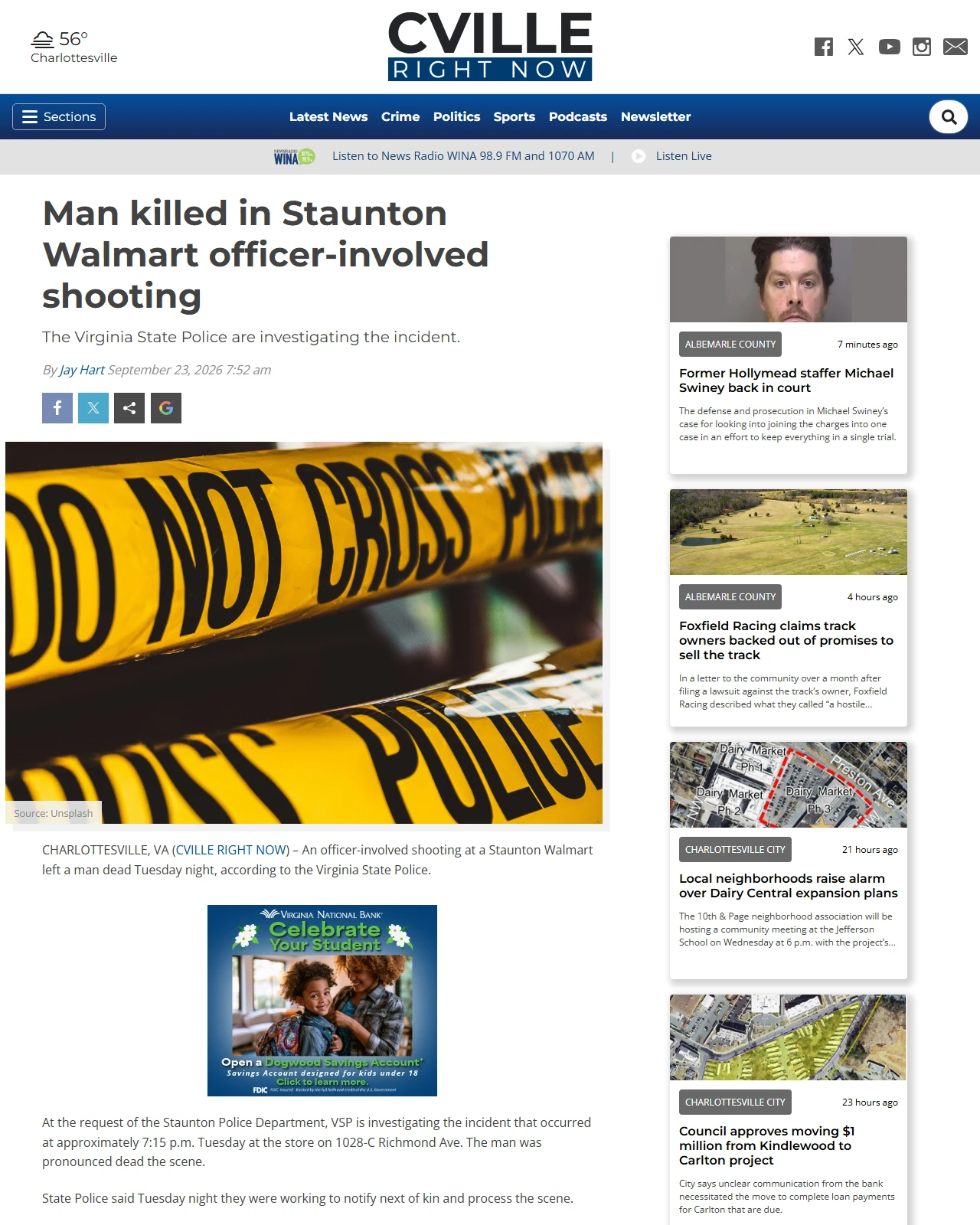 cvillerightnow.com as published: Man killed in Staunton Walmart officer-involved shooting