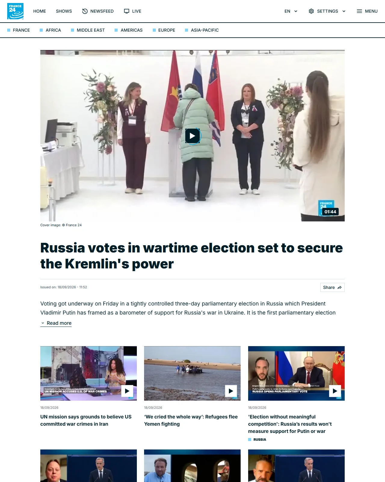 france24.com as published: Russia votes in wartime election set to secure the Kremlin's power