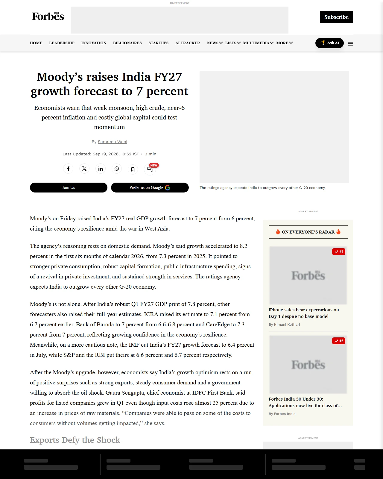 forbesindia.com as published: Moody’s raises India FY27 growth forecast to 7 percent