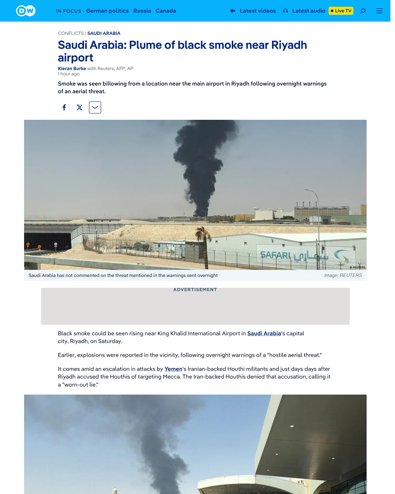 dw.com as published: Saudi Arabia: Plume of black smoke near Riyadh airport