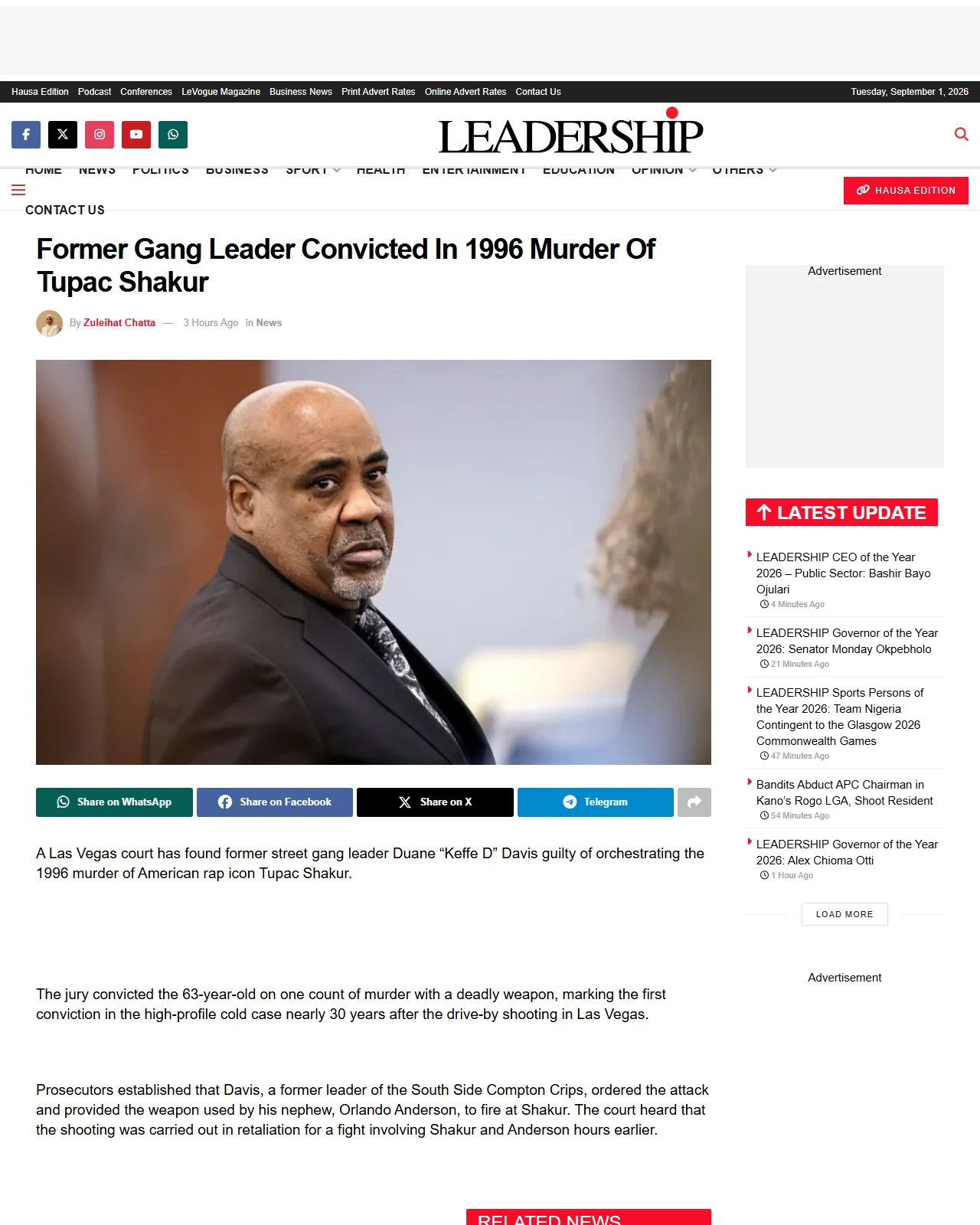 leadership.ng as published: Former Gang Leader Convicted In 1996 Murder Of Tupac Shakur