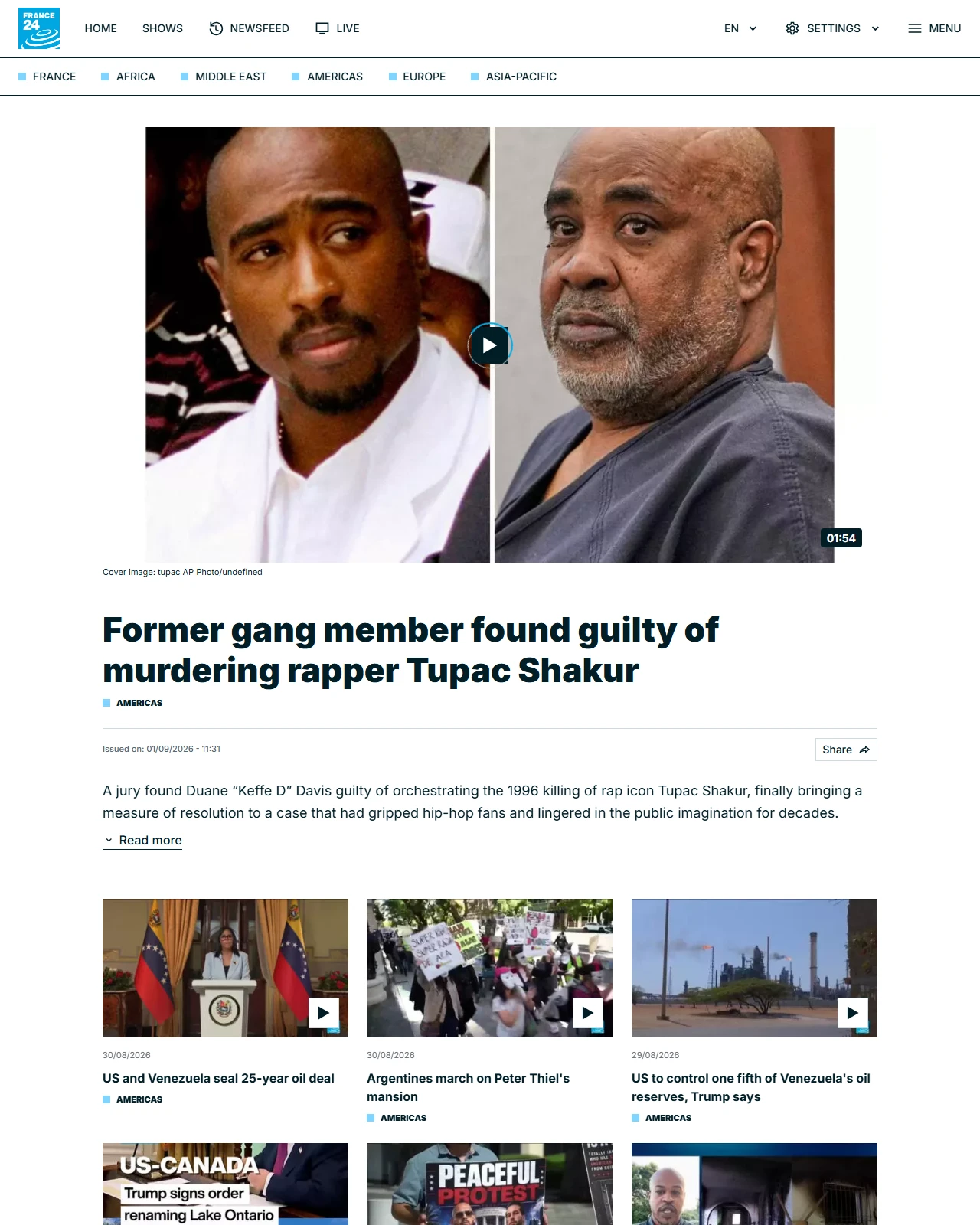 france24.com as published: Former gang member found guilty of murdering rapper Tupac Shakur