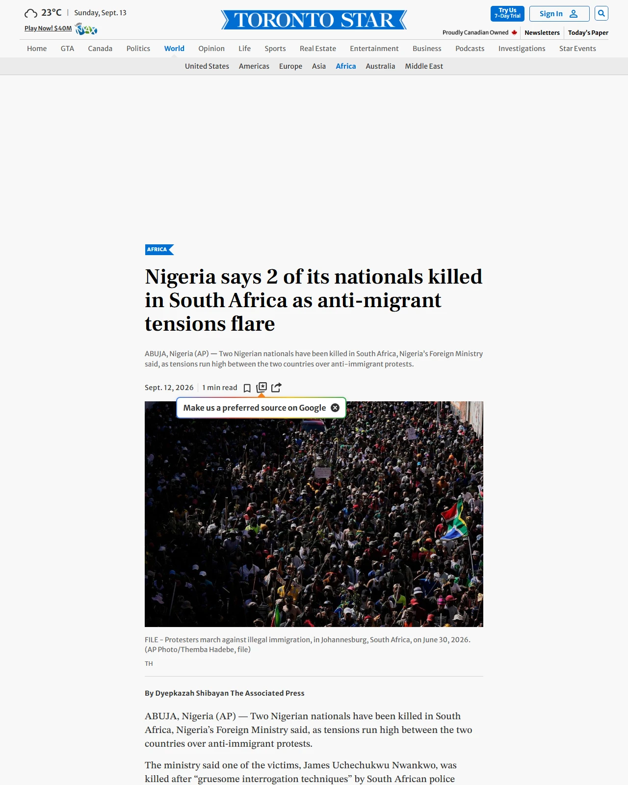 thestar.com as published: Nigeria says 2 of its nationals killed in South Africa as anti-migrant tensions flare