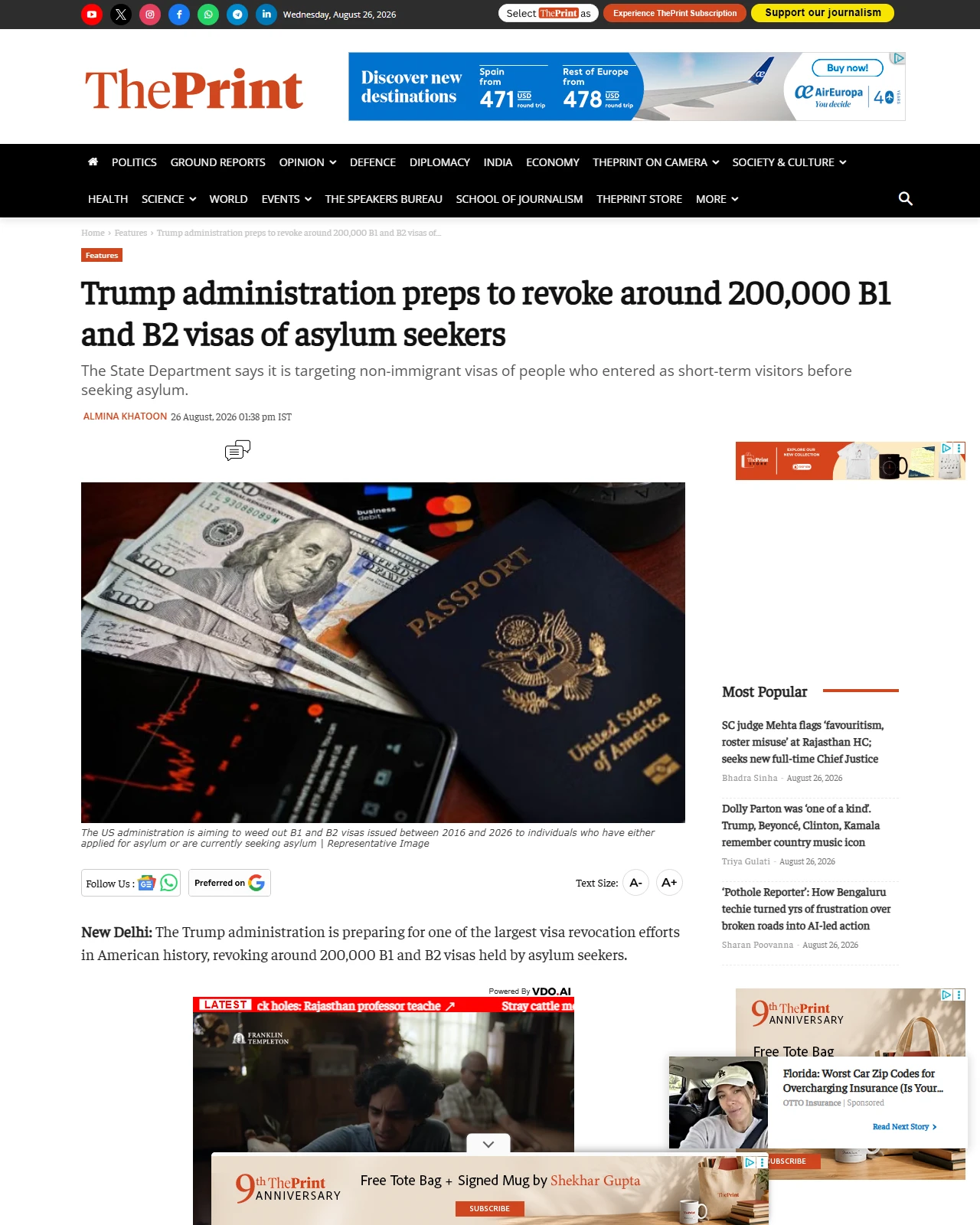 theprint.in as published: Trump administration preps to revoke around 200,000 B1 and B2 visas of asylum seekers
