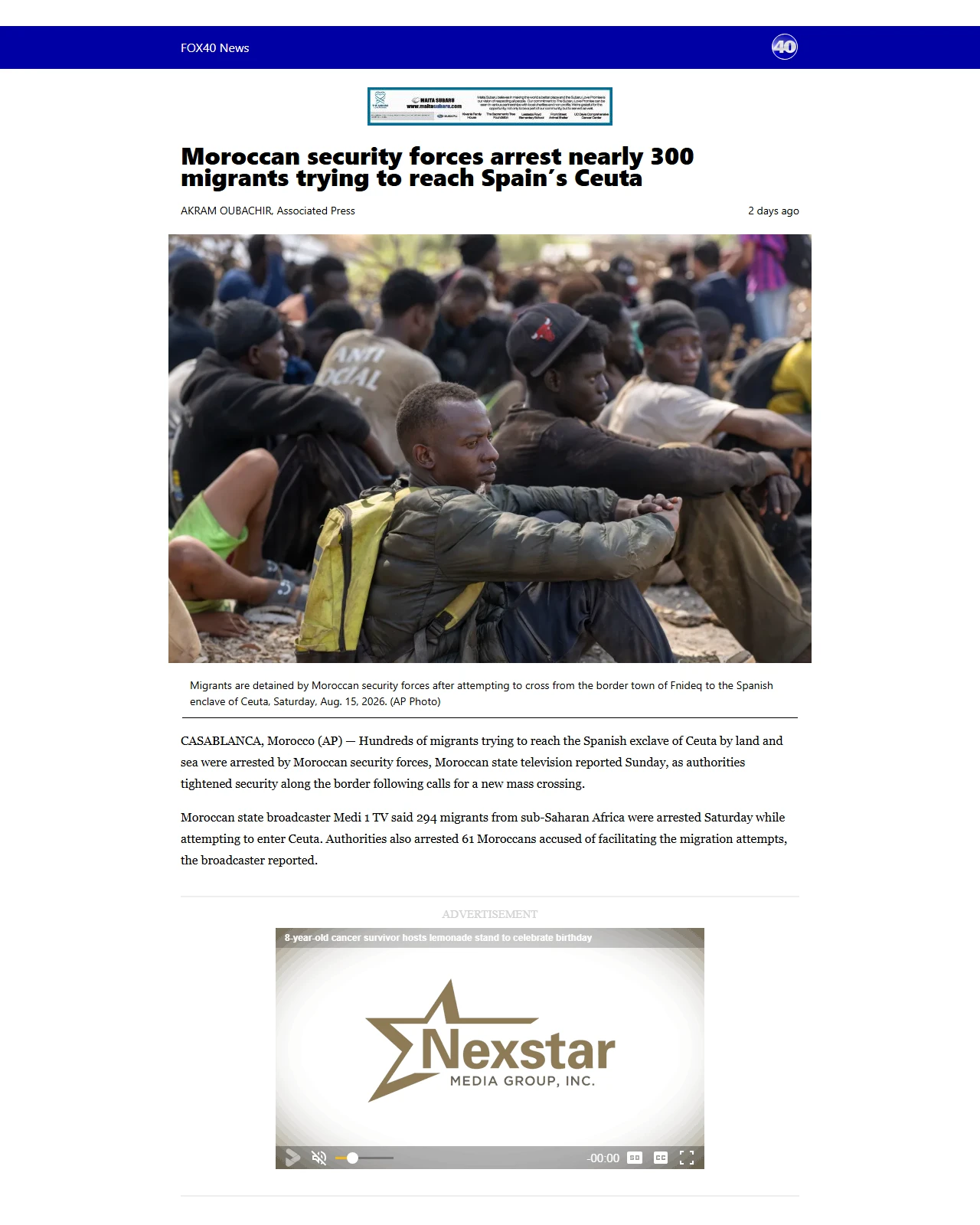 fox40.com as published: Moroccan security forces arrest nearly 300 migrants trying to reach Spain’s Ceuta