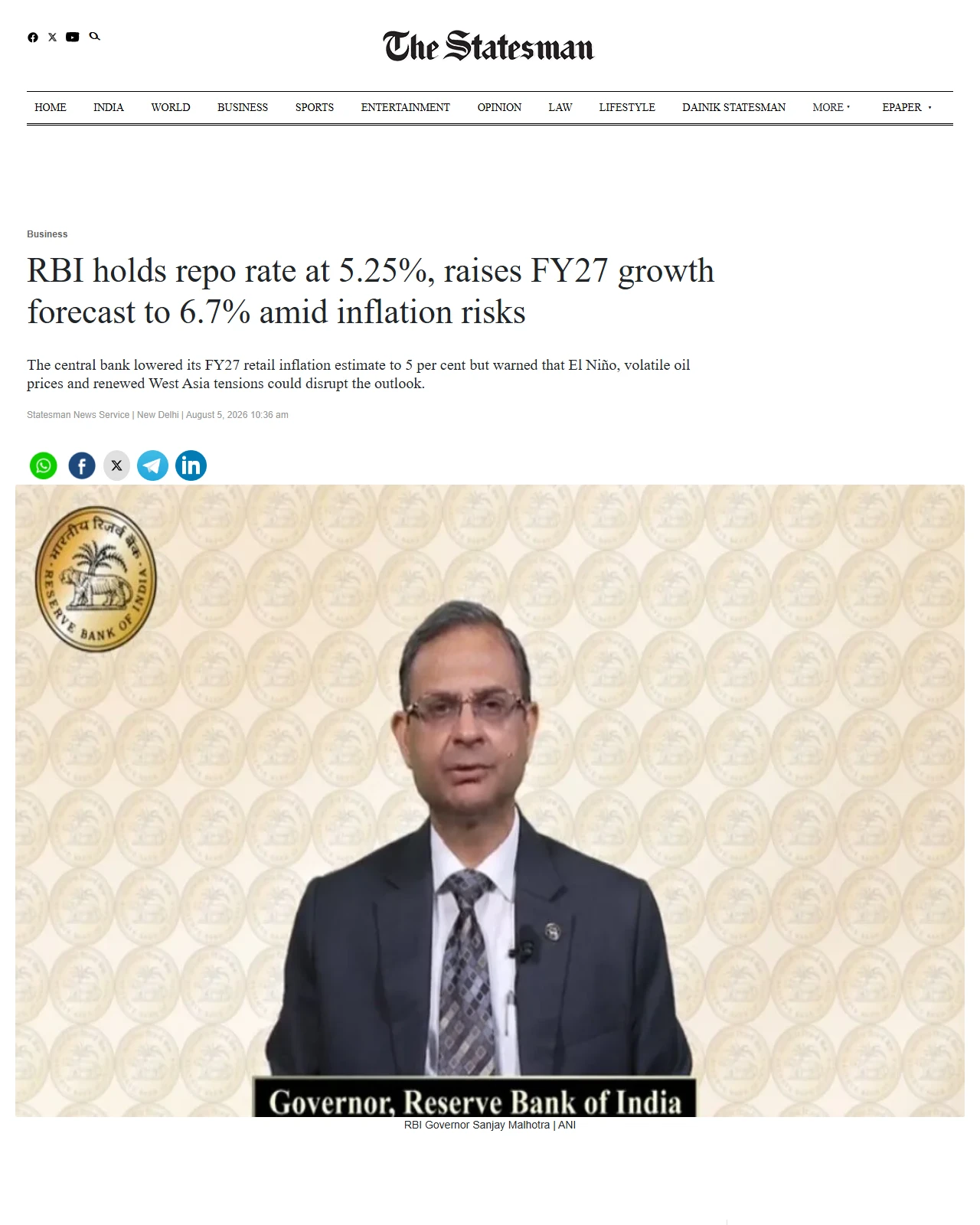 thestatesman.com as published: RBI holds repo rate at 5.25%, raises FY27 growth forecast to 6.7% amid inflation risks