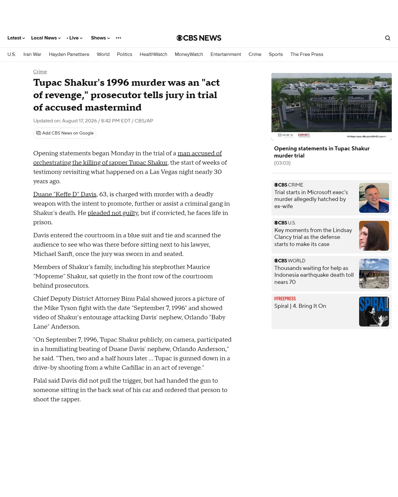 cbsnews.com as published: Tupac Shakur's 1996 murder was an "act of revenge," prosecutor tells jury in trial of accused mastermind