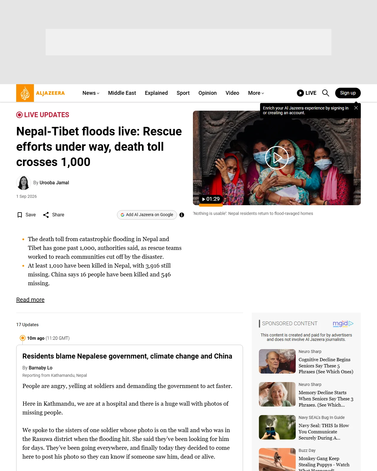 aljazeera.com as published: Nepal-Tibet floods live: Rescue efforts under way, death toll crosses 1,000