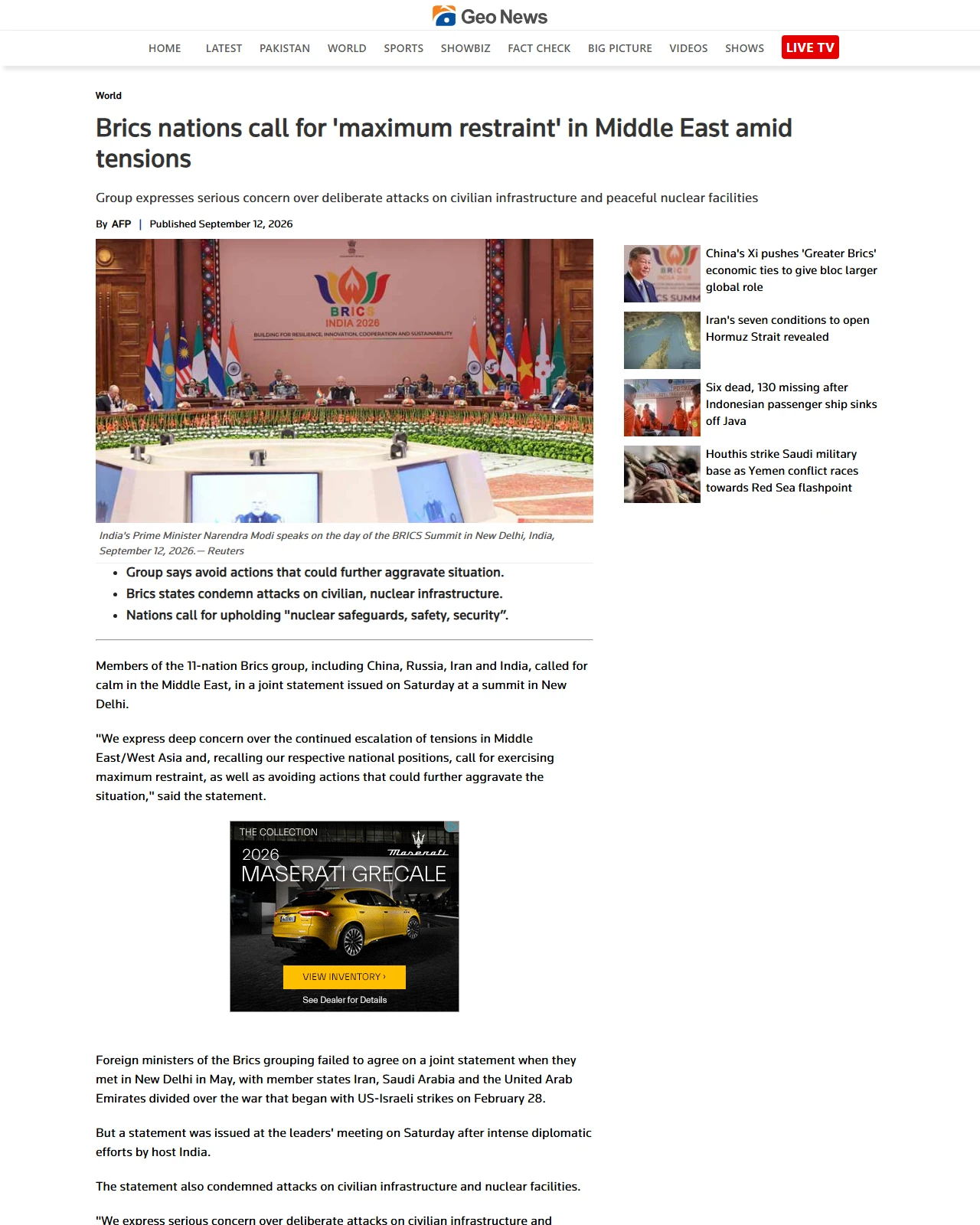 geo.tv as published: Brics nations call for 'maximum restraint' in Middle East amid tensions