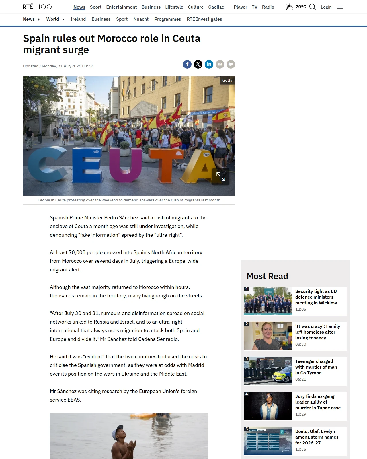 rte.ie as published: Spain rules out Morocco role in Ceuta migrant surge