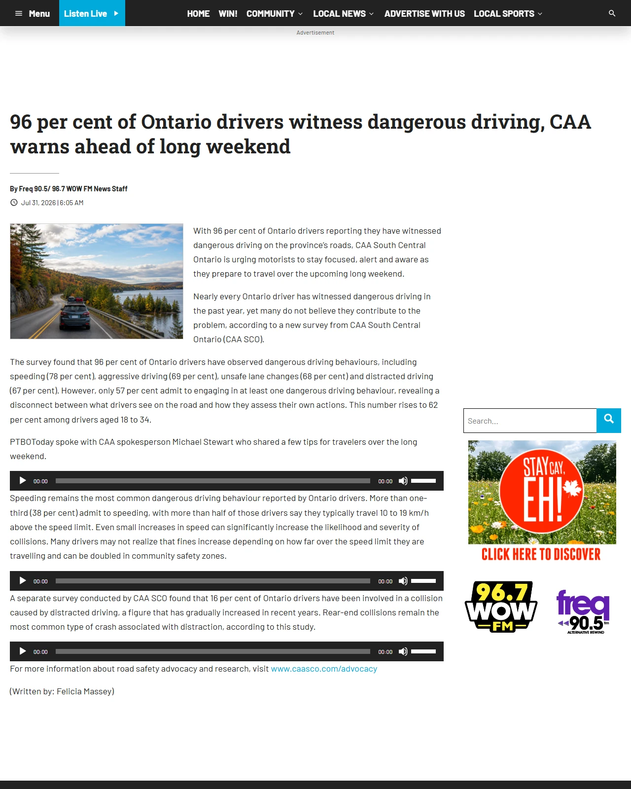 ptbotoday.ca as published: 96 per cent of Ontario drivers witness dangerous driving, CAA warns ahead of long weekend
