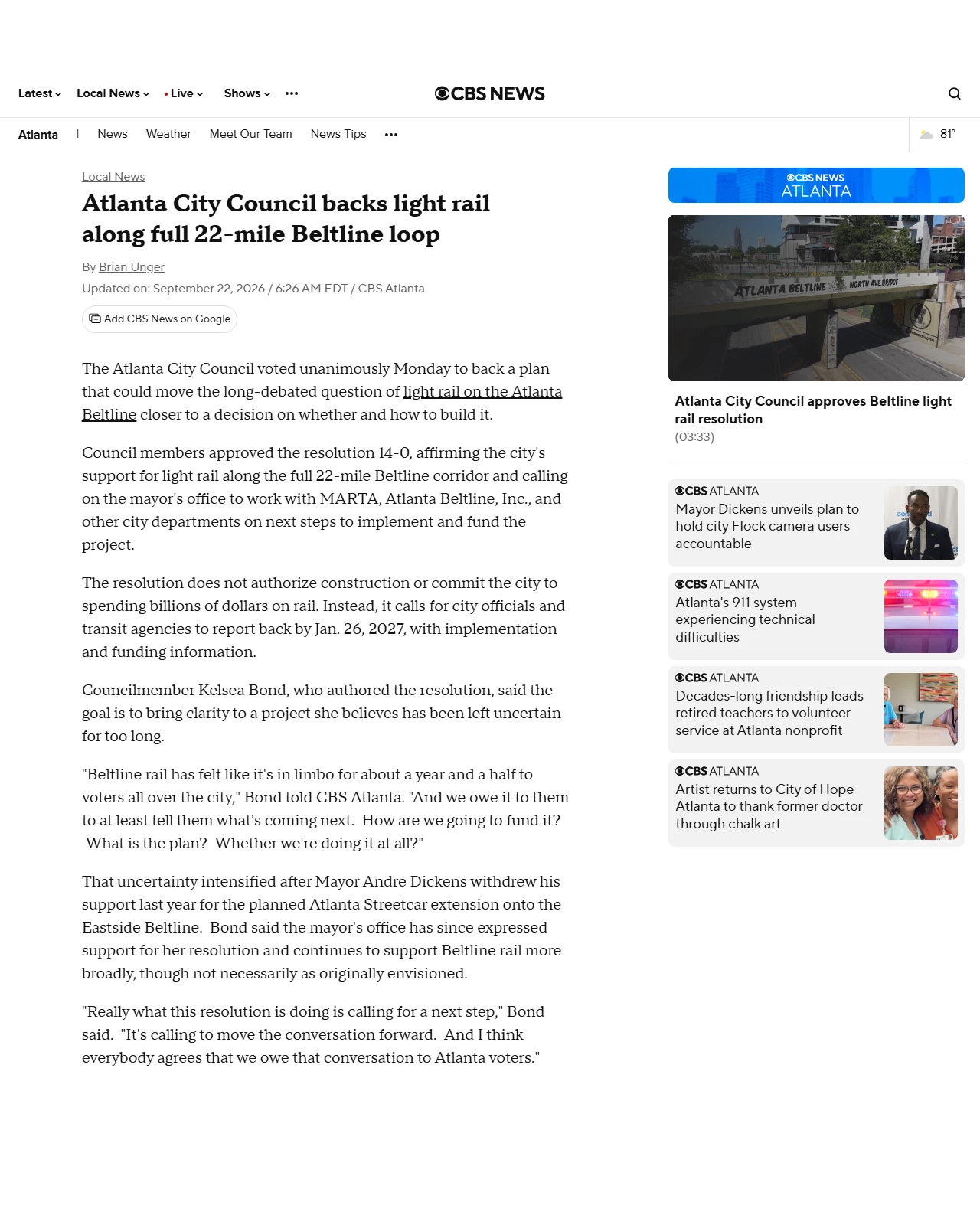 cbsnews.com as published: Atlanta City Council backs light rail along full 22-mile Beltline loop