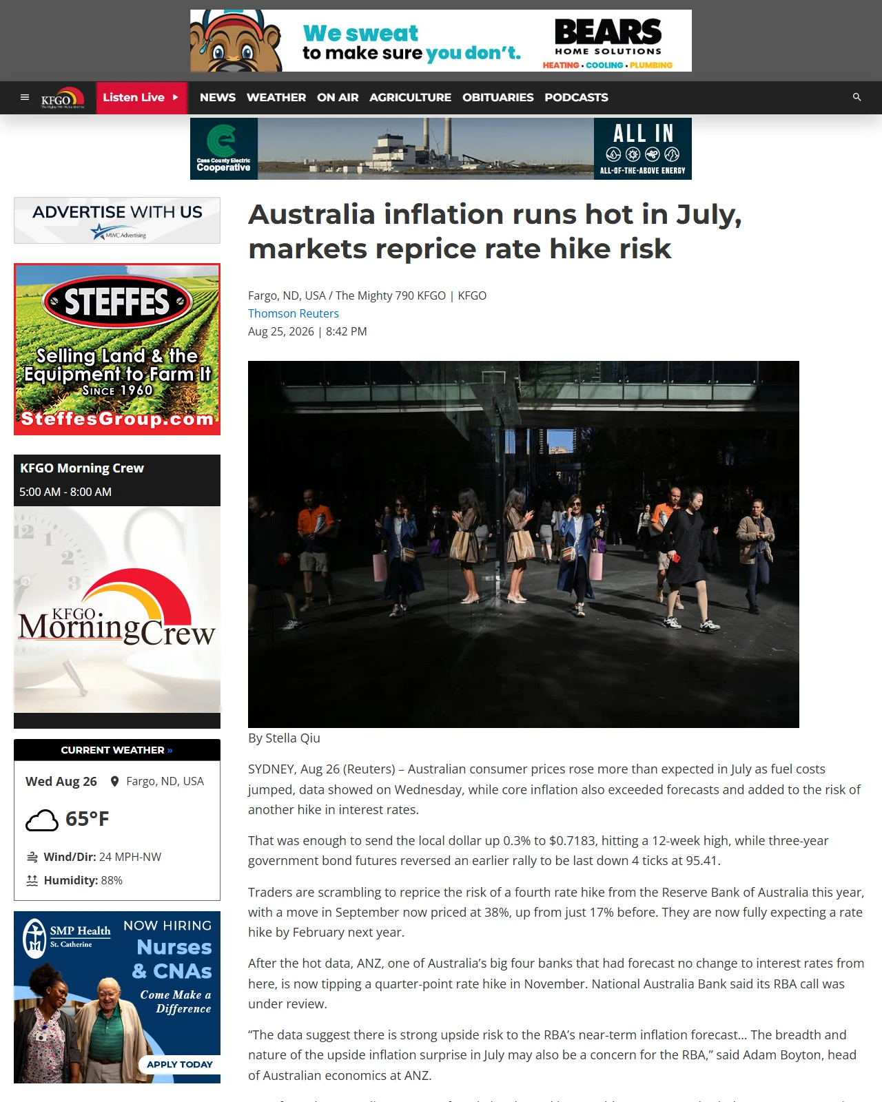 kfgo.com as published: Australia inflation runs hot in July, adding to rate hike risk