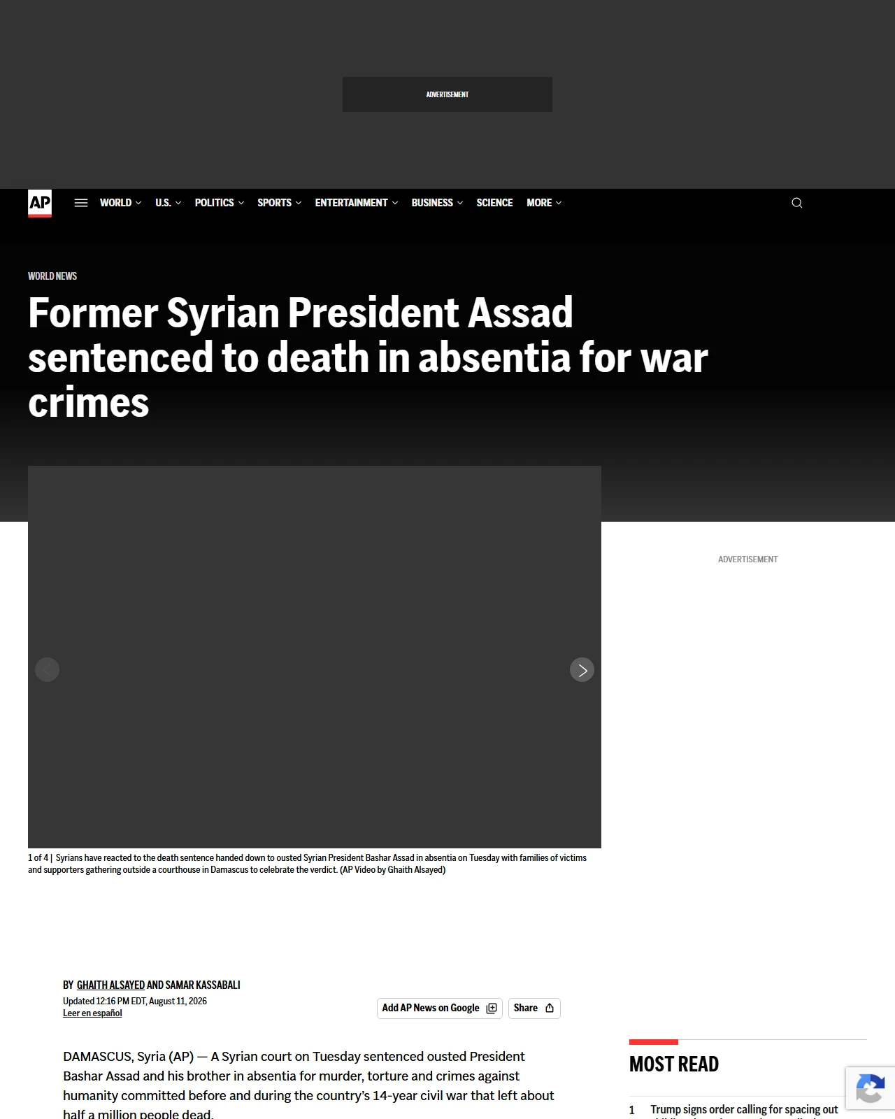 apnews.com as published: Former Syrian President Assad sentenced to death in absentia for war crimes