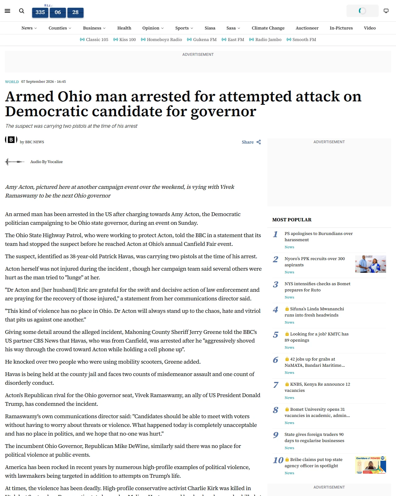 the-star.co.ke as published: Armed Ohio man arrested for attempted attack on Democratic candidate for governor - the-star.co.ke