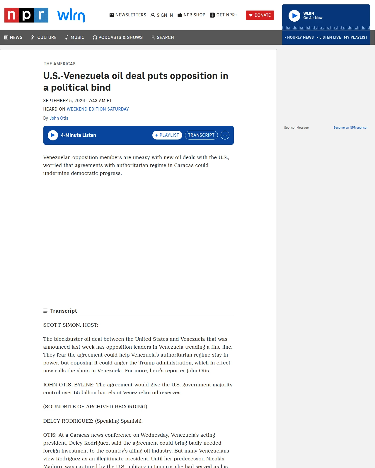 npr.org as published: U.S.-Venezuela oil deal puts opposition in a political bind