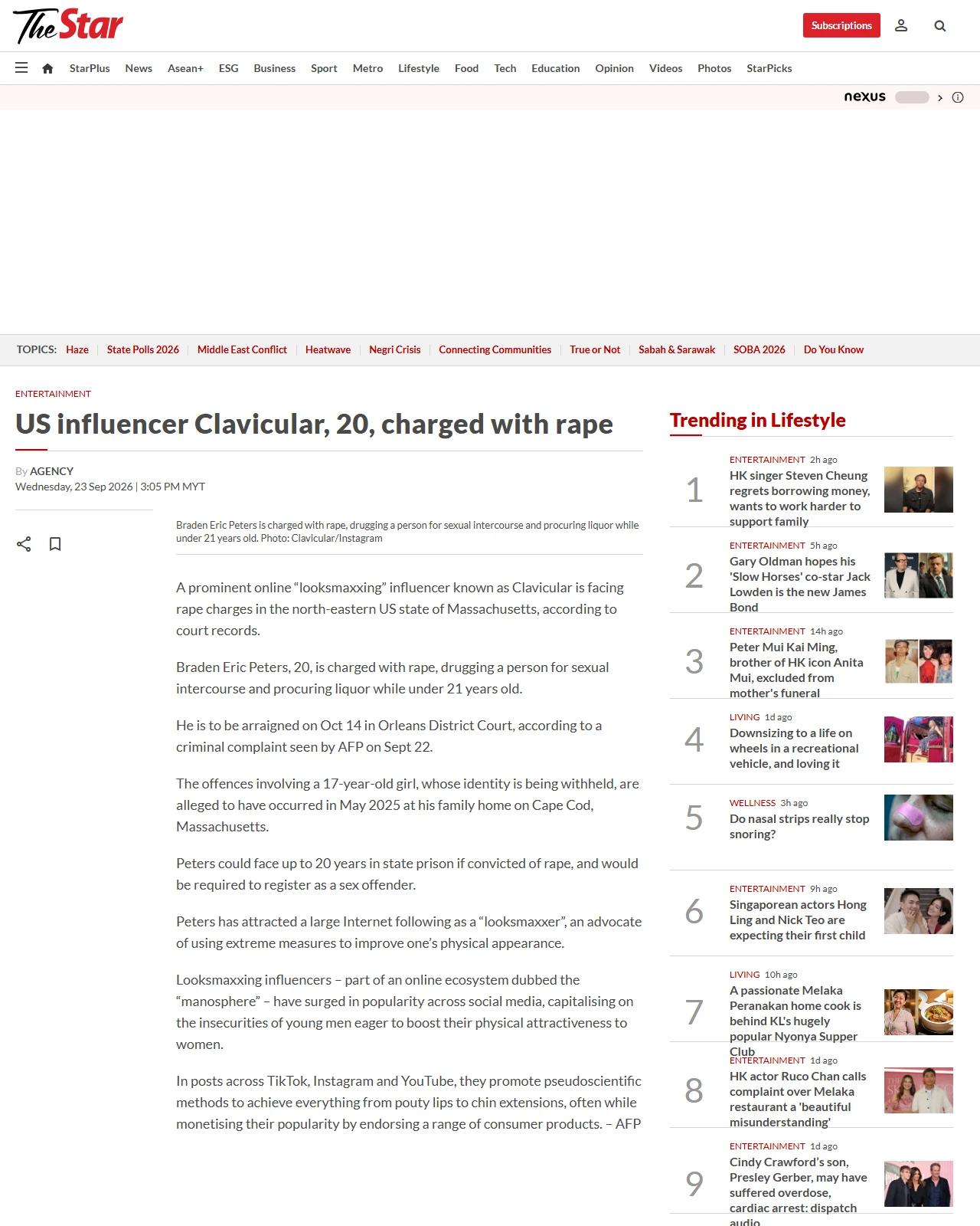 thestar.com.my as published: US influencer Clavicular, 20, charged with rape