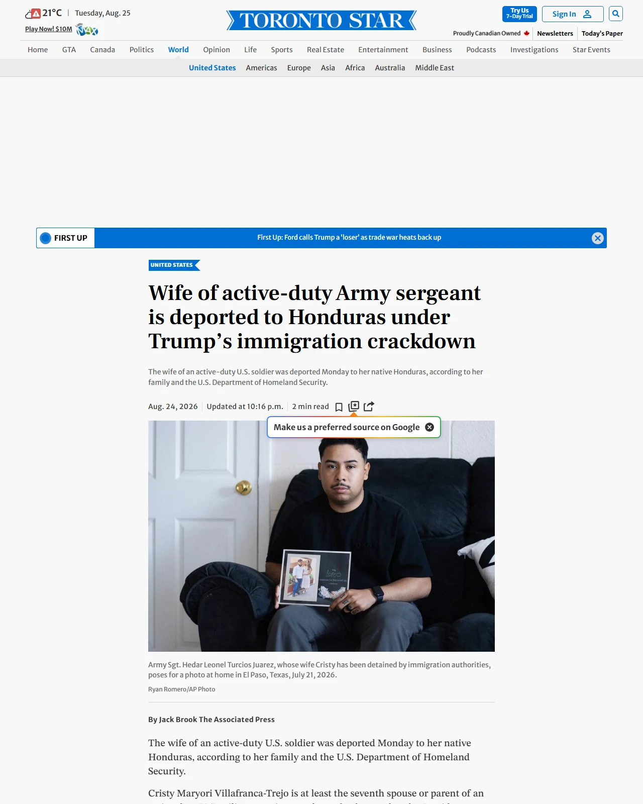 thestar.com as published: Wife of active-duty Army sergeant is deported to Honduras under Trump's immigration crackdown