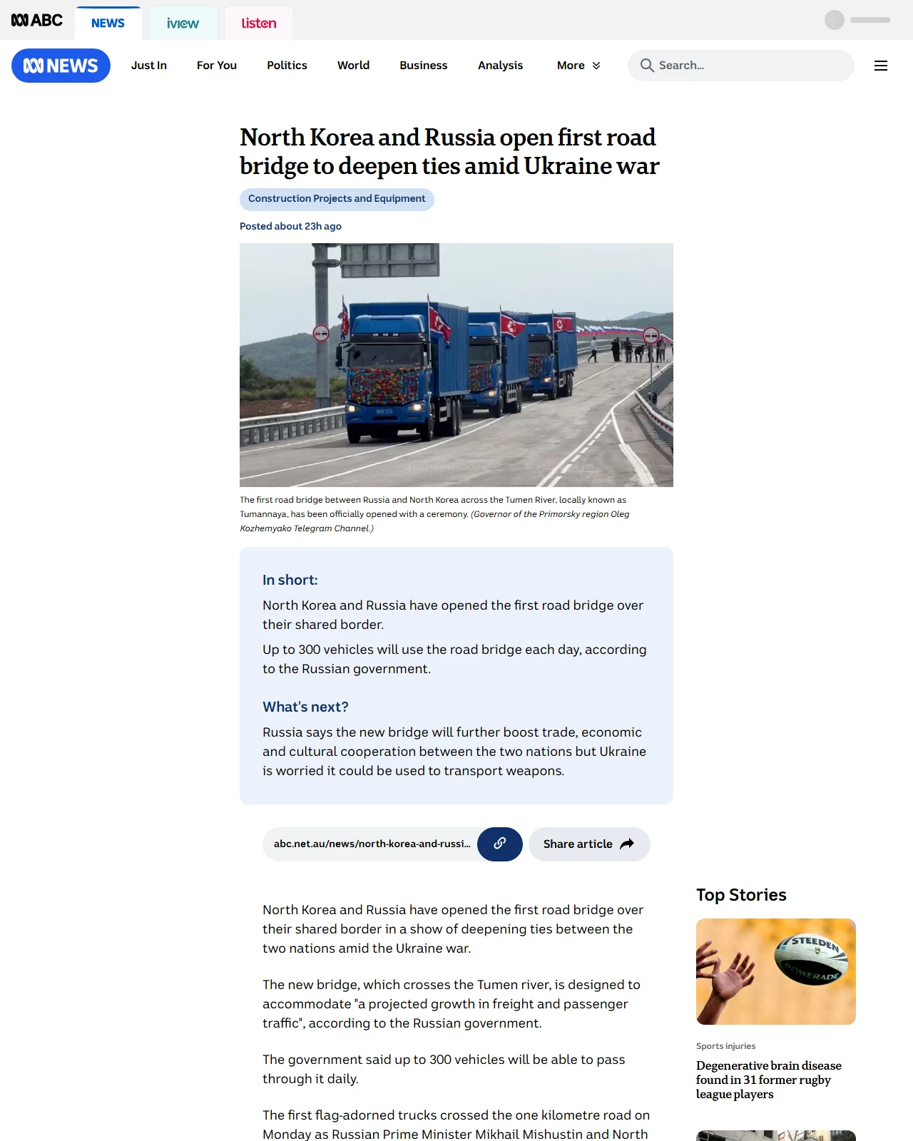 abc.net.au as published: North Korea and Russia open first road bridge, sparking Ukrainian concerns - ABC News & Headlines – Australian Broadcasting Corporation