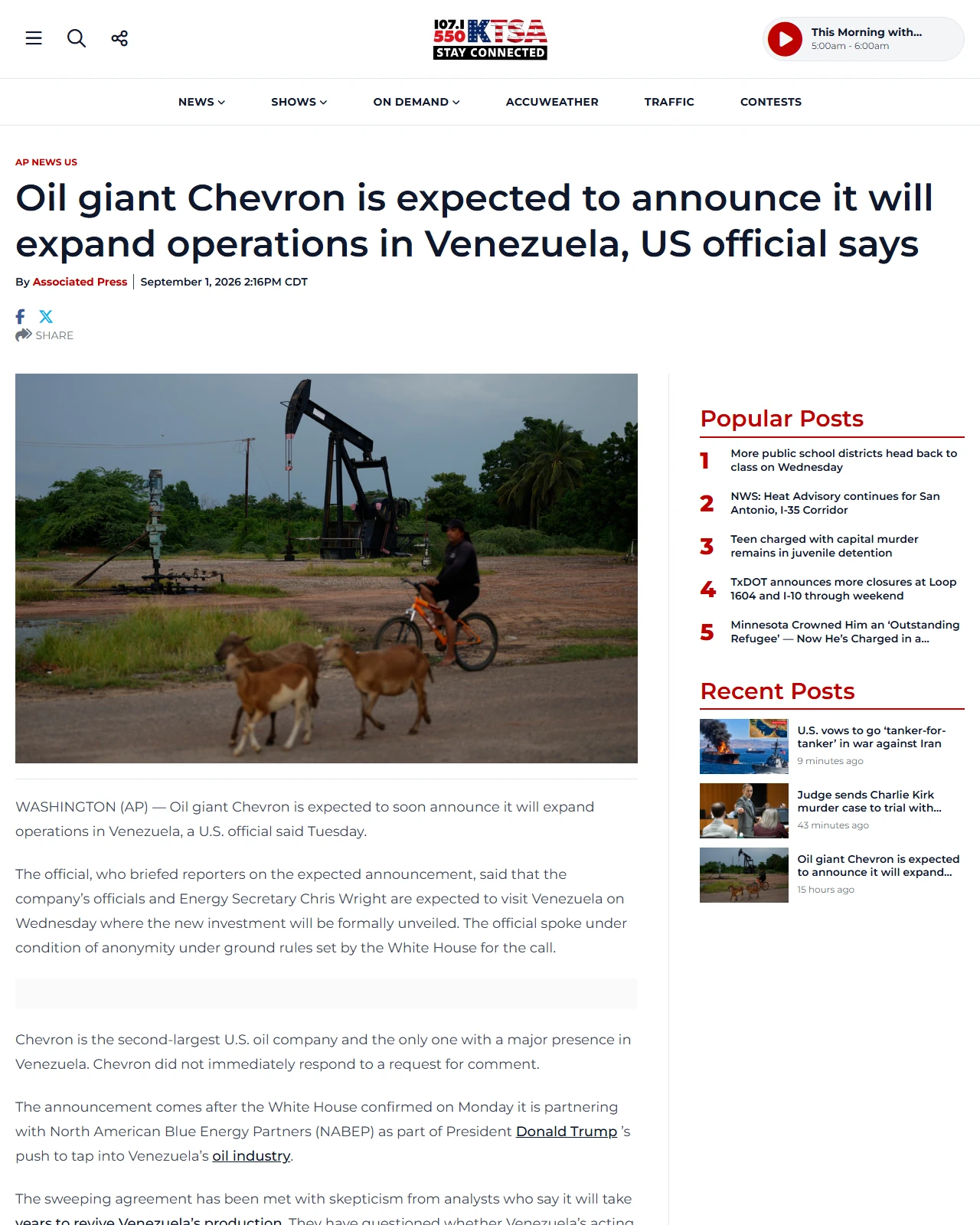 ktsa.com as published: Oil giant Chevron is expected to announce it will expand operations in Venezuela, US official says