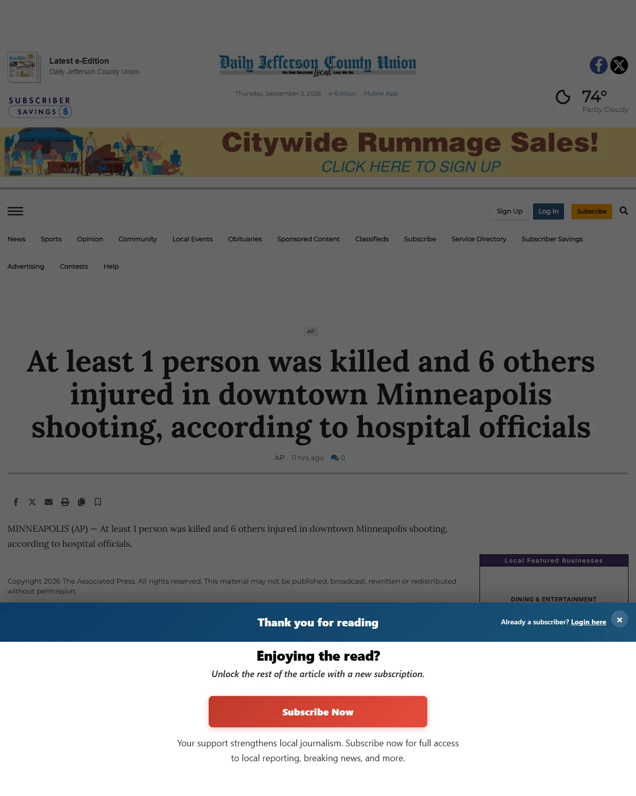 dailyunion.com as published: At least 1 person was killed and 6 others injured in downtown Minneapolis shooting, according to hospital officials