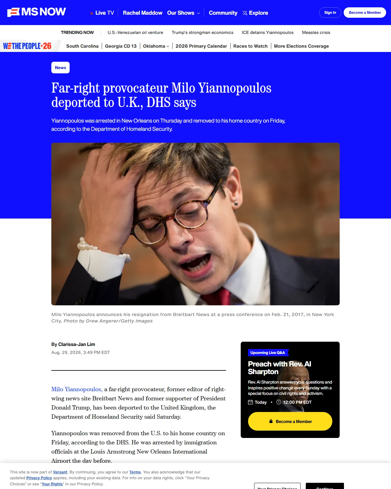 ms.now as published: Far-right provocateur Milo Yiannopoulos deported to U.K., DHS says