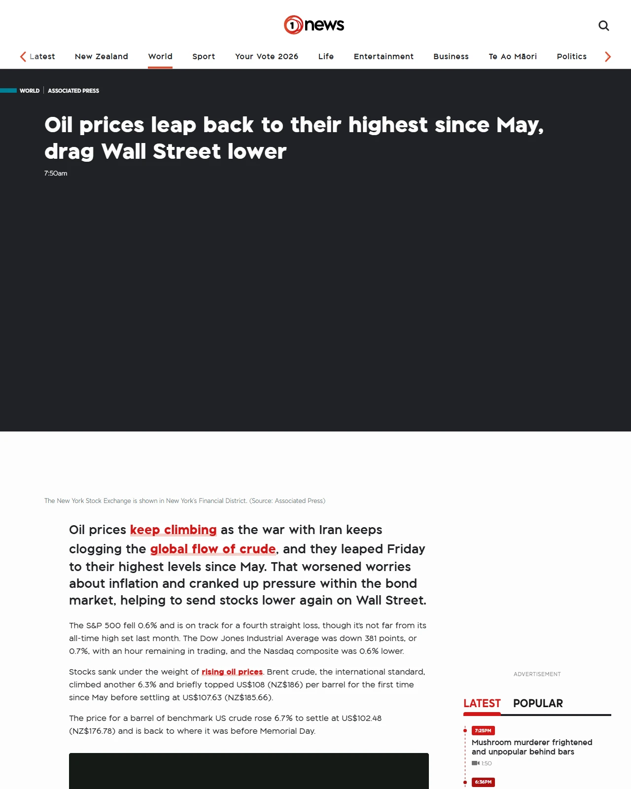 1news.co.nz as published: Oil prices leap back to their highest since May, drag Wall Street lower