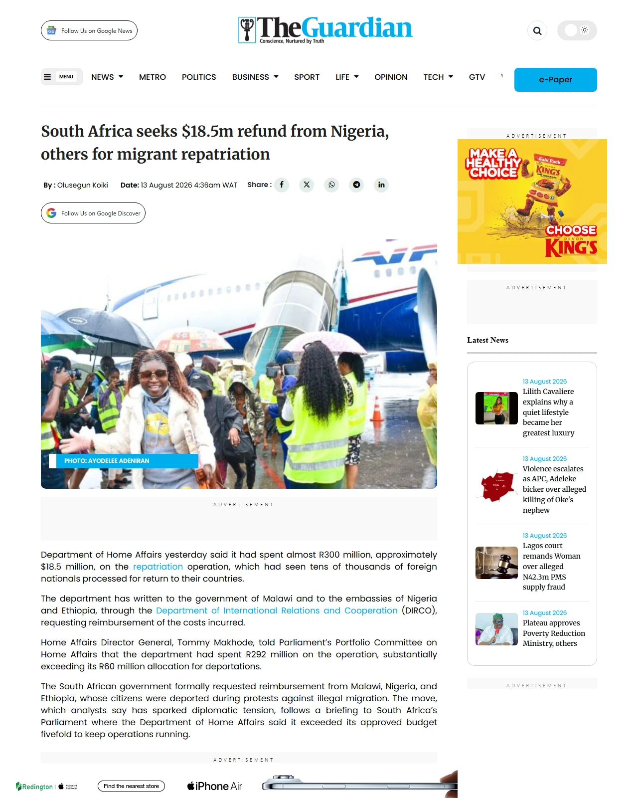 guardian.ng as published: South Africa seeks $18.5m refund from Nigeria, others for migrant repatriation
