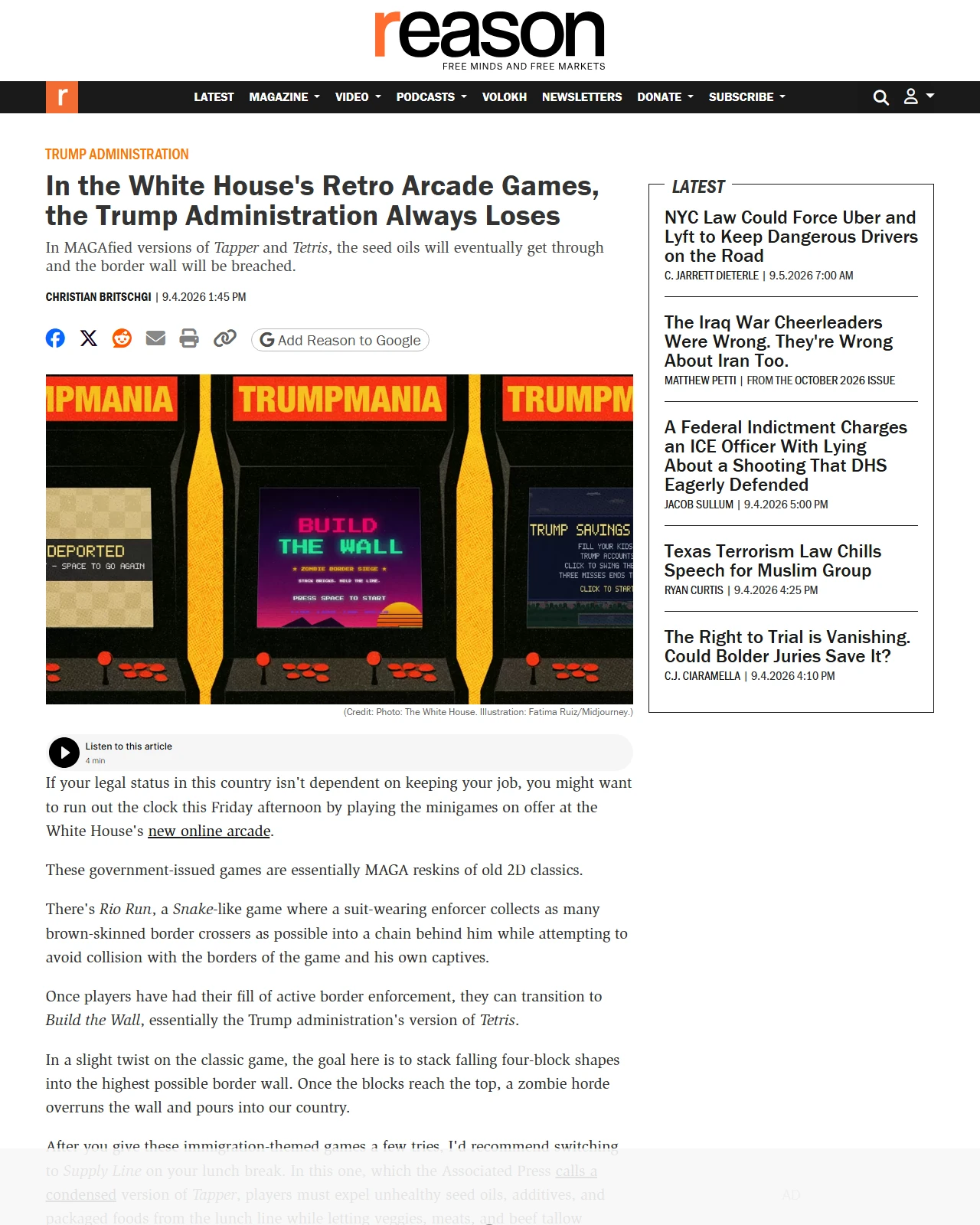 reason.com as published: In the White House's Retro Arcade Games, the Trump Administration Always Loses