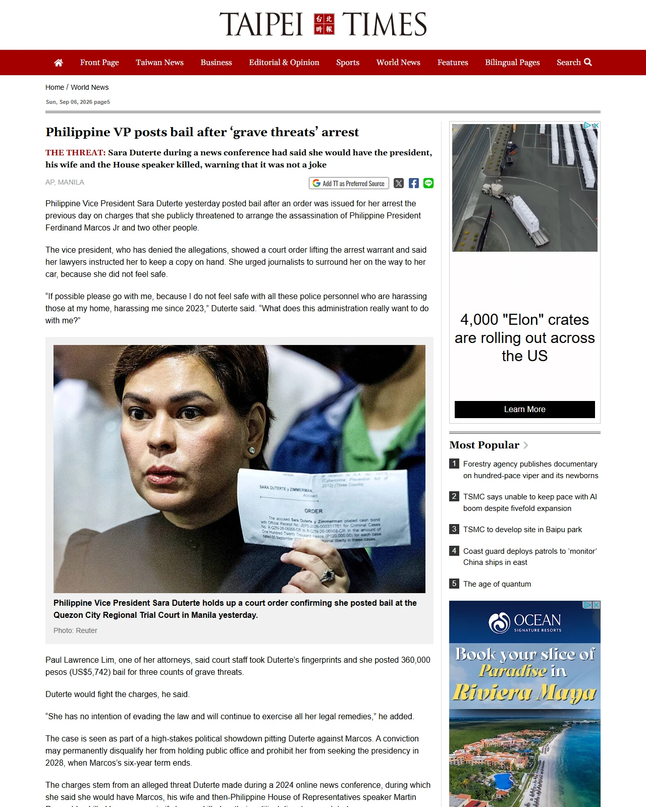 taipeitimes.com as published: Philippine VP posts bail after ‘grave threats’ arrest