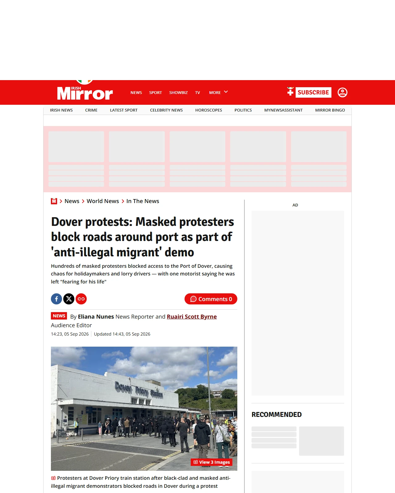 irishmirror.ie as published: Dover protests: Masked protesters block roads around port as part of 'anti-illegal migrant' demo