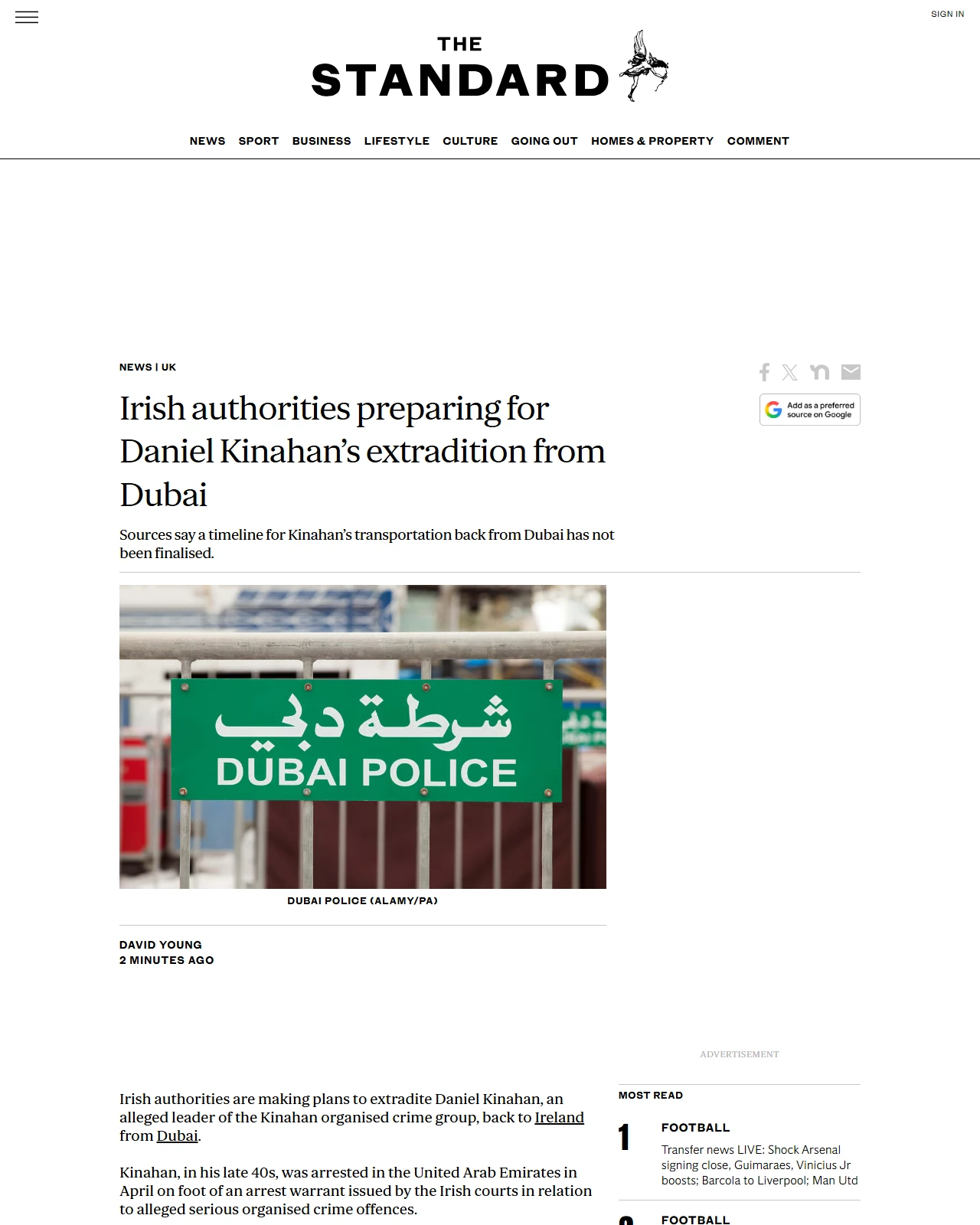 standard.co.uk as published: Irish authorities preparing for Daniel Kinahan’s extradition from Dubai