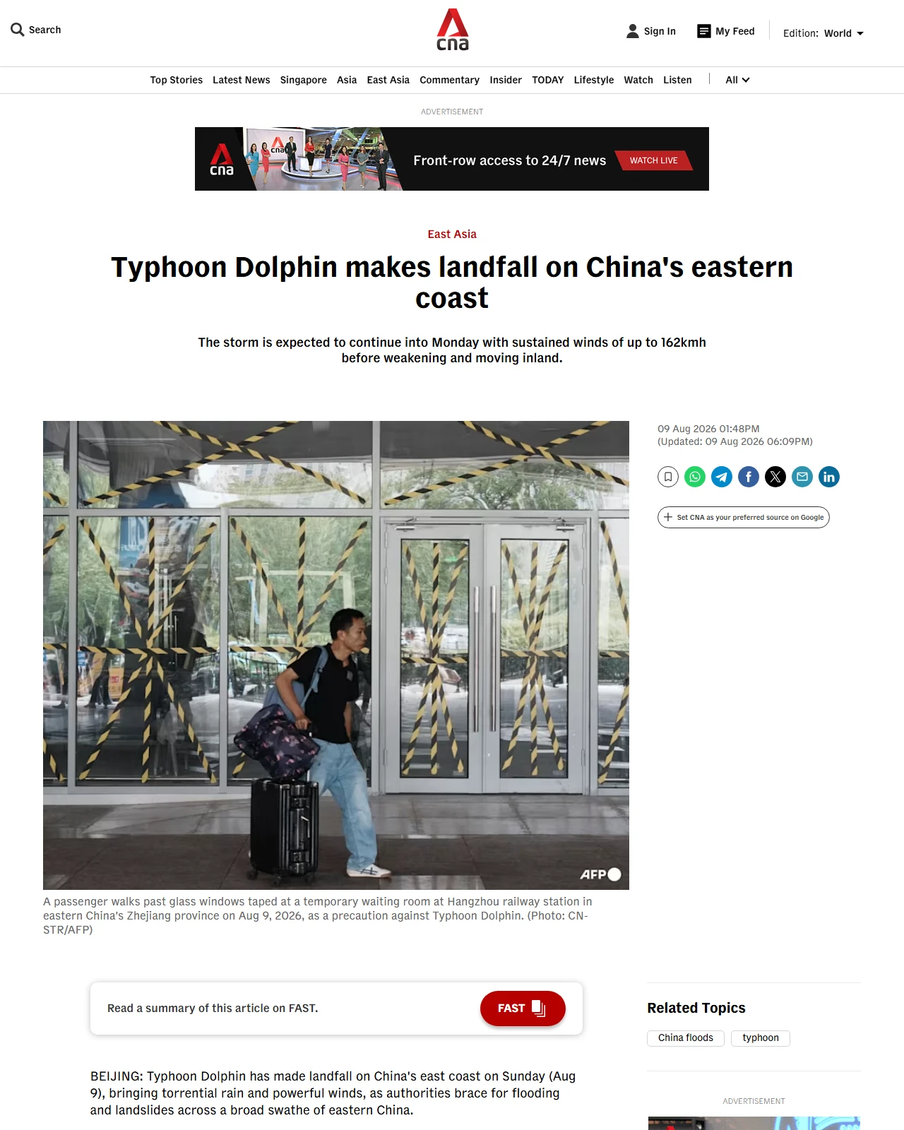 channelnewsasia.com as published: Typhoon Dolphin makes landfall on China's eastern coast