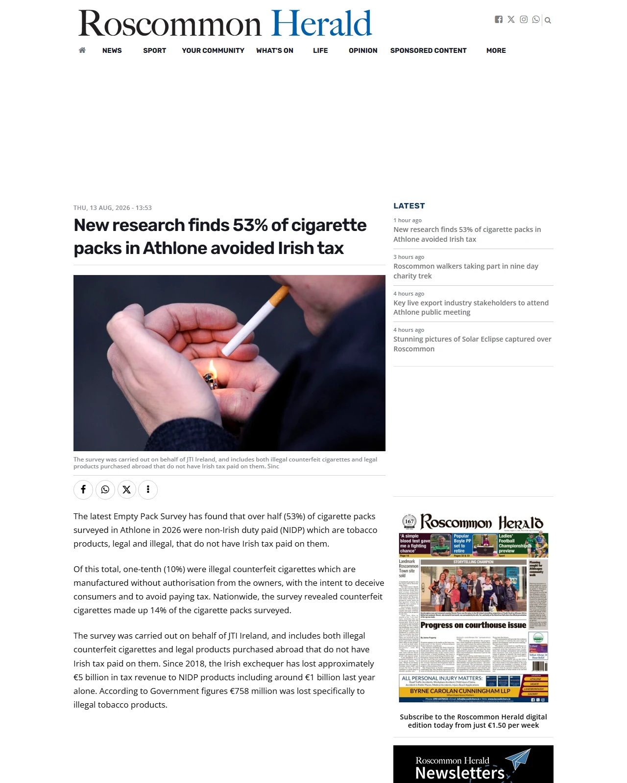 roscommonherald.ie as published: New research finds 53% of cigarette packs in Athlone avoided Irish tax