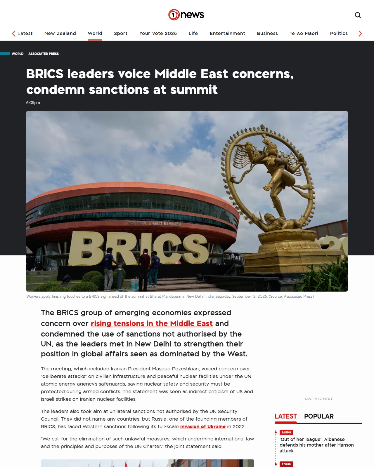 1news.co.nz as published: BRICS leaders voice Middle East concerns, condemn sanctions at summit