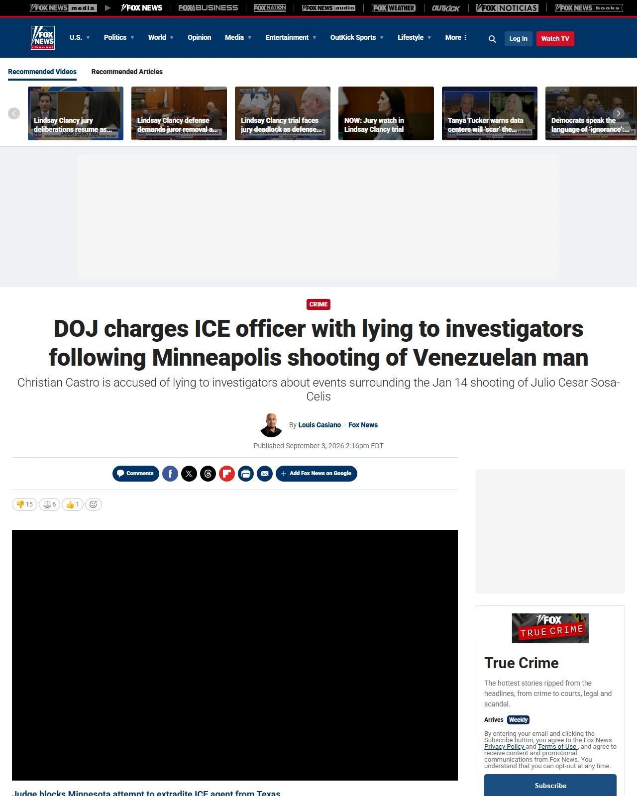 foxnews.com as published: DOJ charges ICE officer with lying to investigators following Minneapolis shooting of Venezuelan man