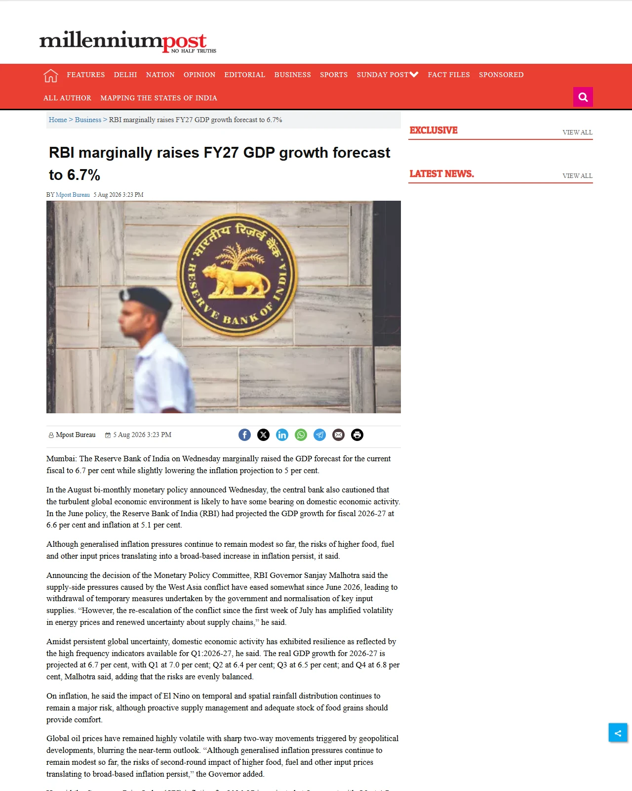 millenniumpost.in as published: RBI marginally raises FY27 GDP growth forecast to 6.7%