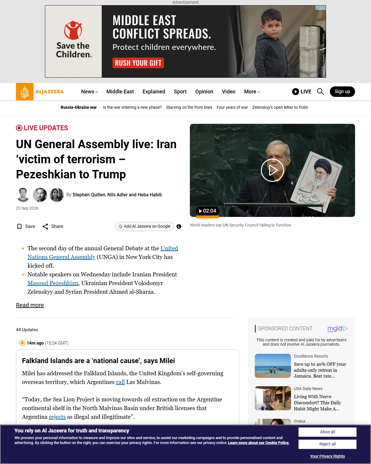 aljazeera.com as published: UN General Assembly live: Iran ‘victim of terrorism – Pezeshkian to Trump