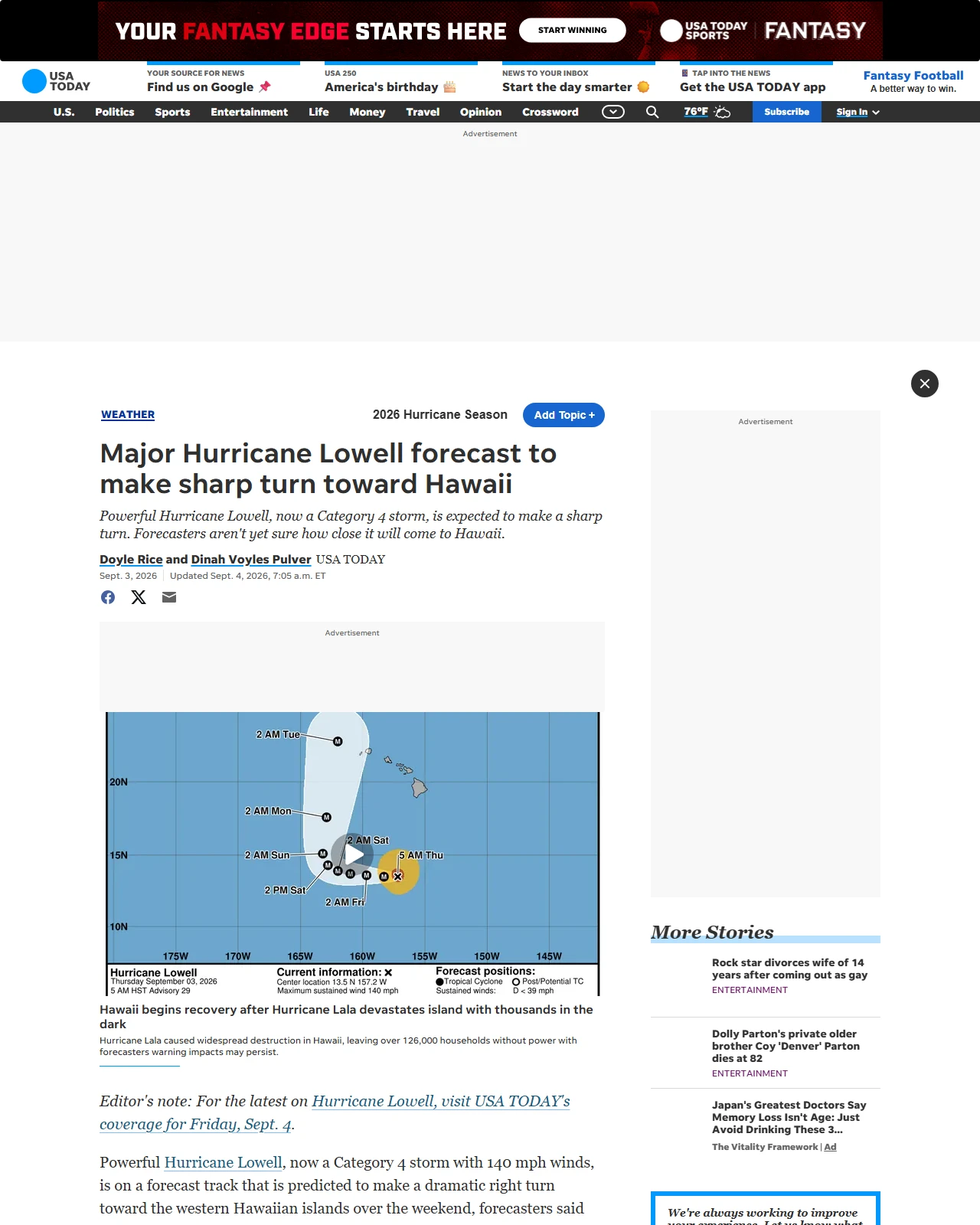 usatoday.com as published: Major Hurricane Lowell forecast to make sharp turn toward Hawaii