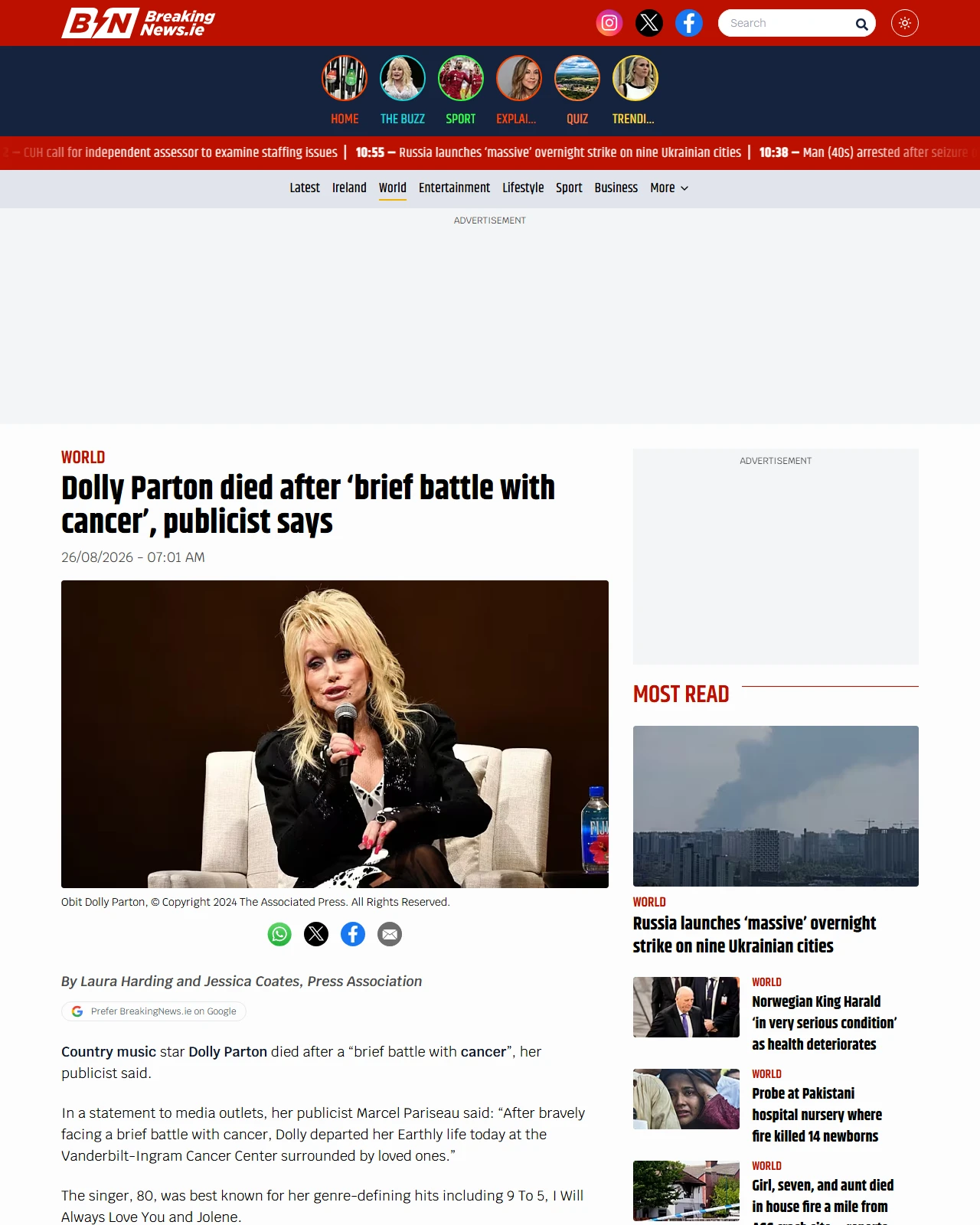breakingnews.ie as published: Dolly Parton died after ‘brief battle with cancer’, publicist says