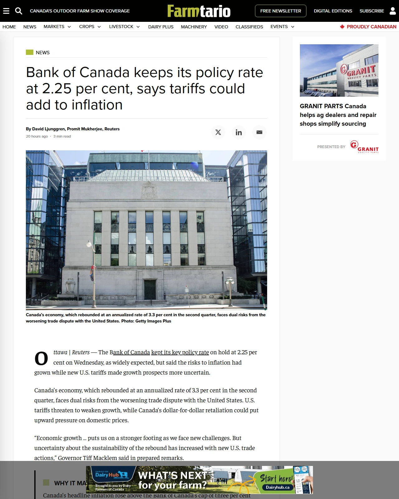 farmtario.com as published: Bank of Canada keeps its policy rate at 2.25 per cent, says tariffs could add to inflation