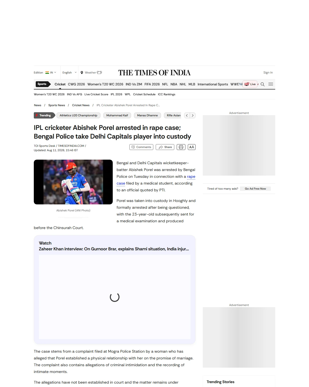 timesofindia.indiatimes.com as published: IPL cricketer Abishek Porel arrested in rape case; Bengal Police take Delhi Capitals player into custody