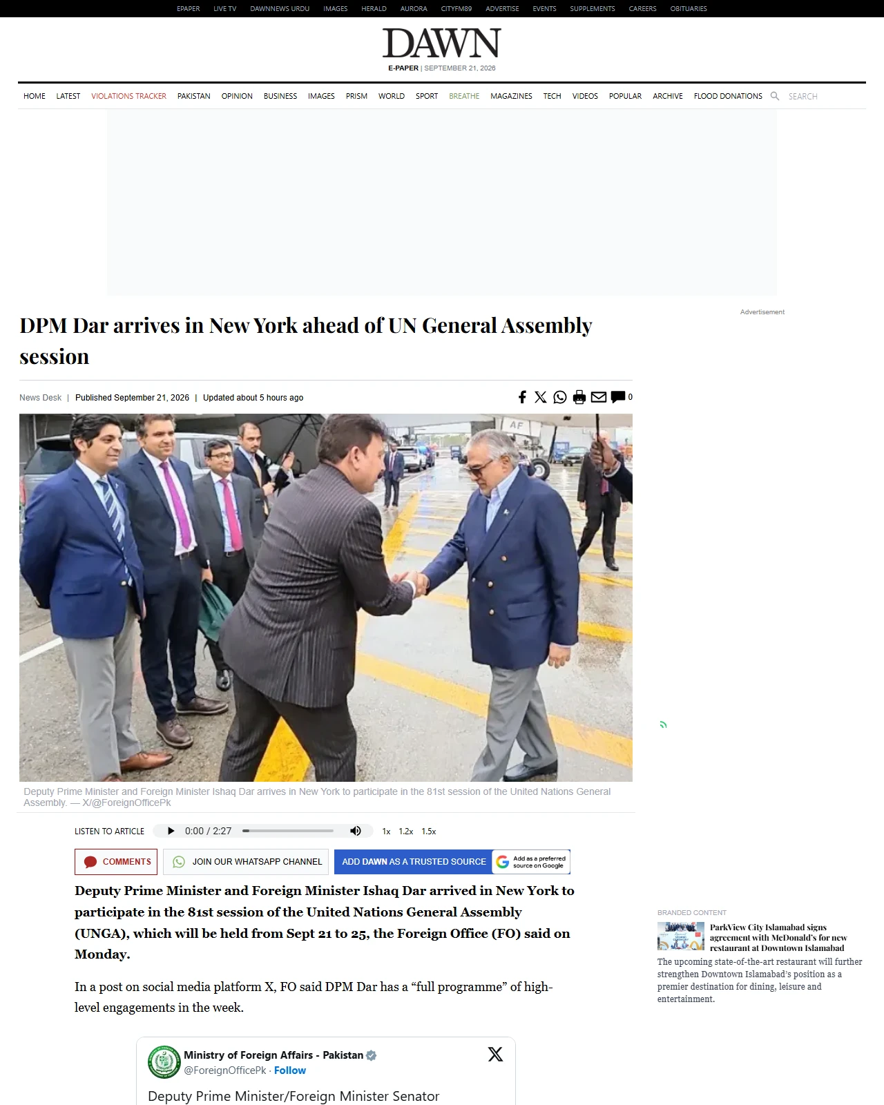 dawn.com as published: DPM Dar arrives in New York ahead of UN General Assembly session